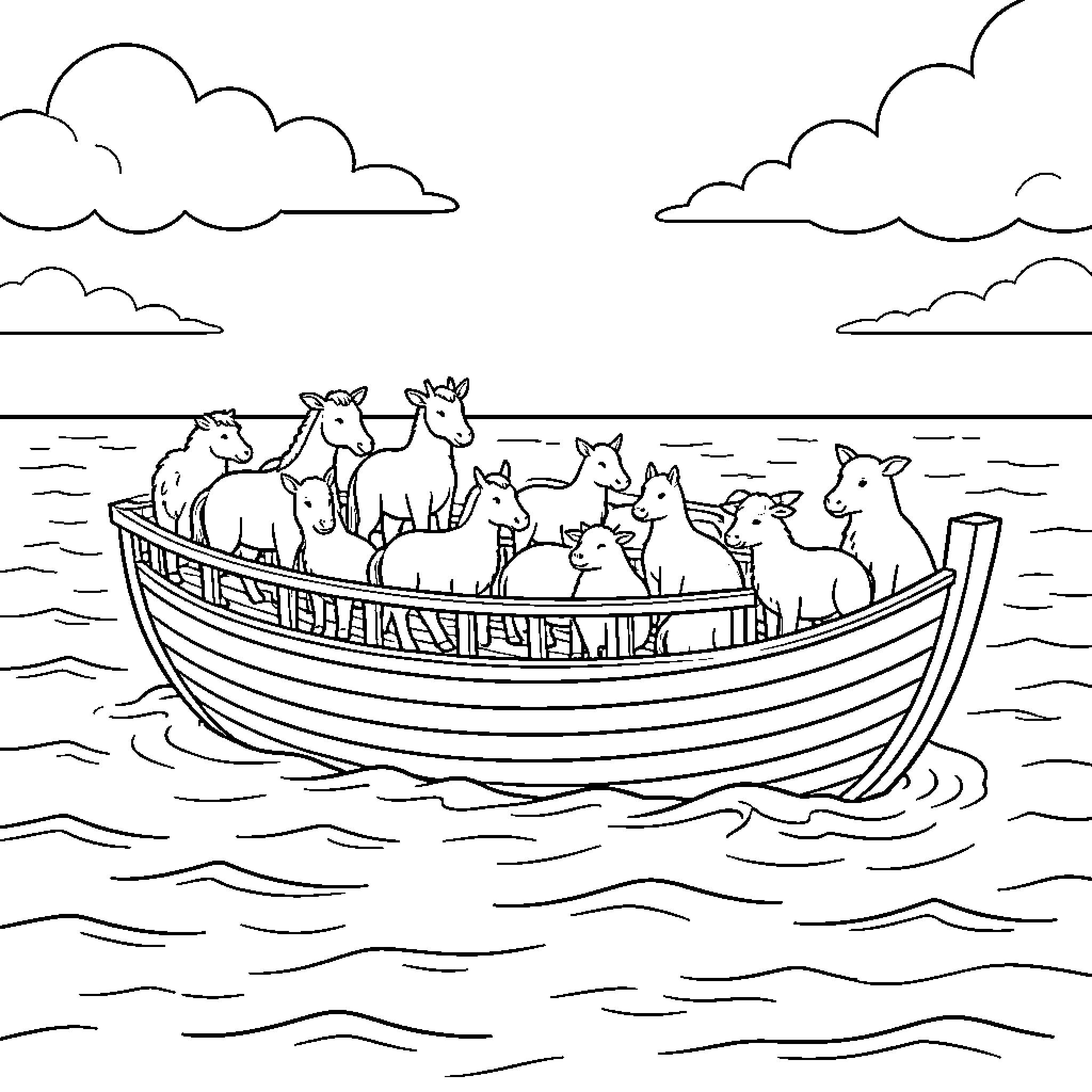 Noah's Ark with Animals Aboard Coloring Page (free black-and-white line drawing printable PDF for all, from beginners to advanced learners, including children, teens, adults, and seniors)