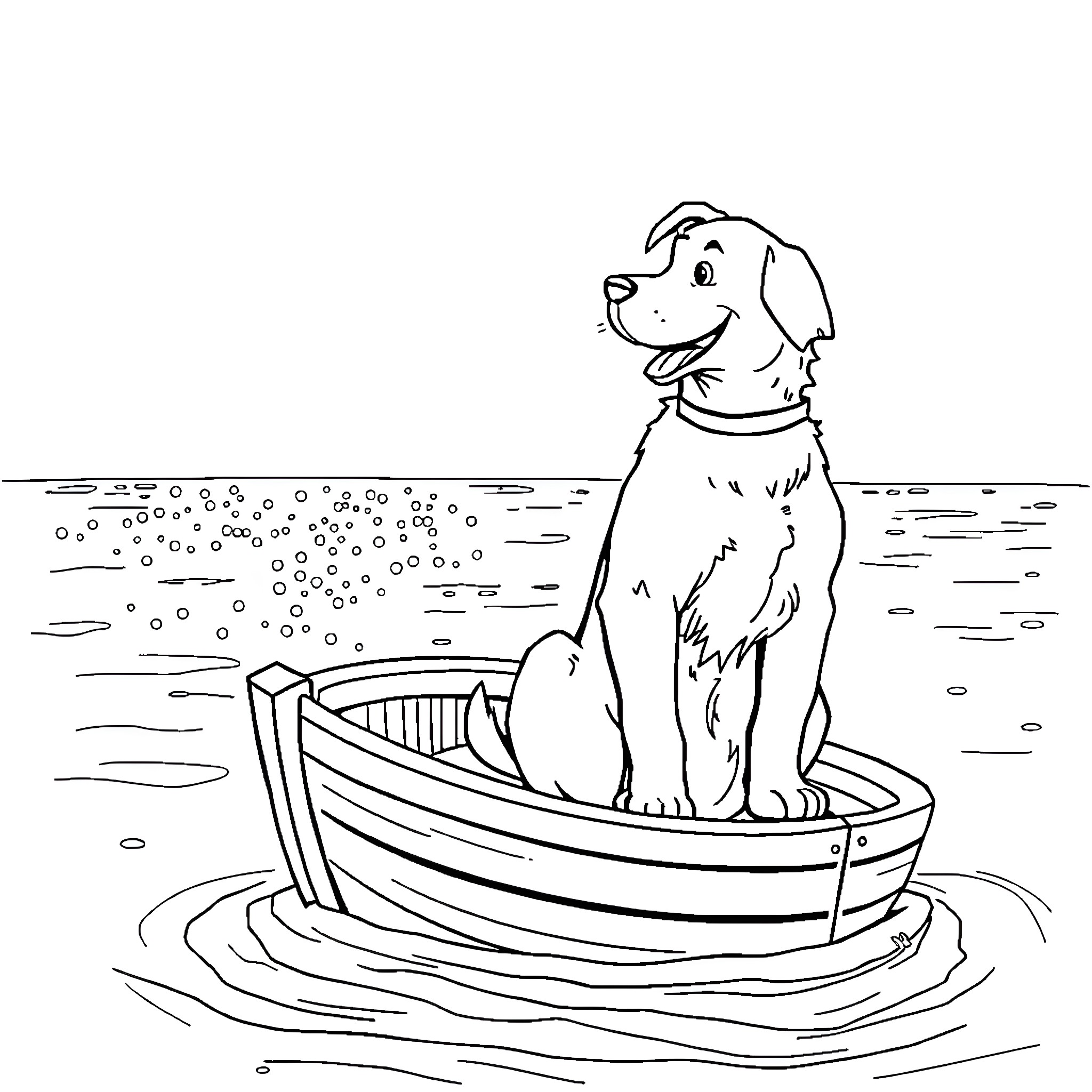 Dog enjoying boat ride on the lake Coloring Page (free black-and-white line drawing printable PDF for all, from beginners to advanced learners, including children, teens, adults, and seniors)