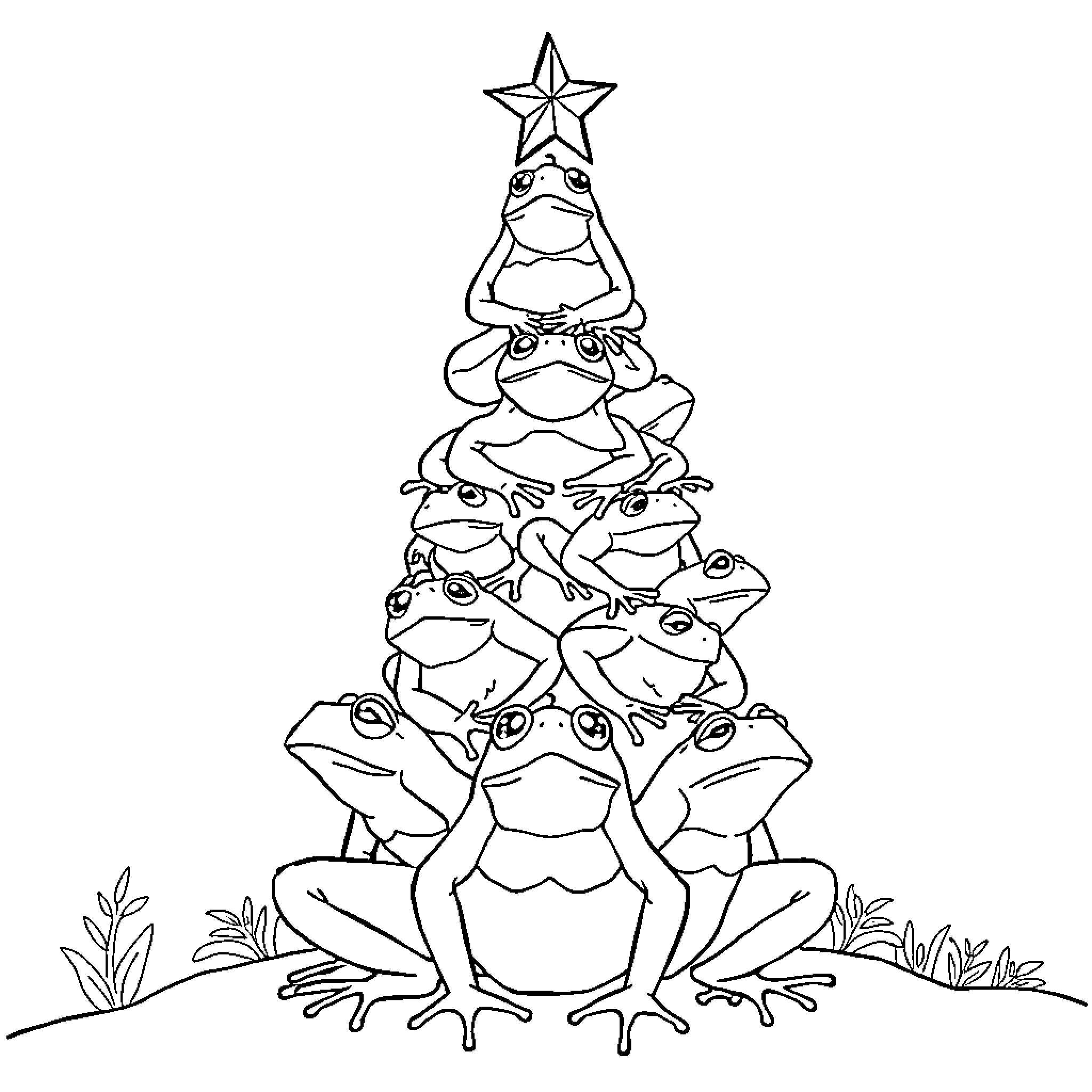Frogs forming a festive tree Coloring Page (free black-and-white line drawing printable PDF for all, from beginners to advanced learners, including children, teens, adults, and seniors)