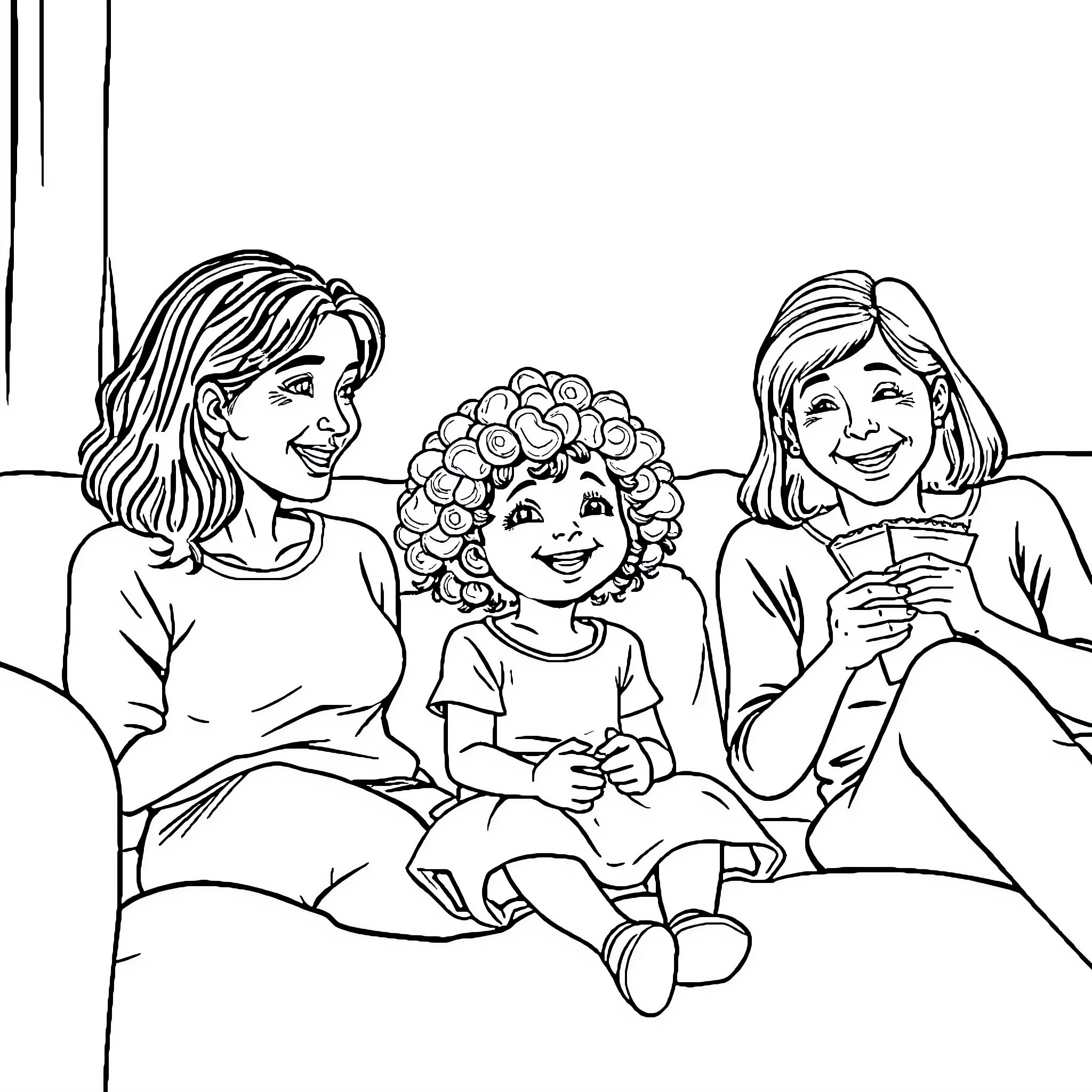Girl Sitting with Older Women on Couch Coloring Page (free black-and-white line drawing printable PDF for all, from beginners to advanced learners, including children, teens, adults, and seniors)