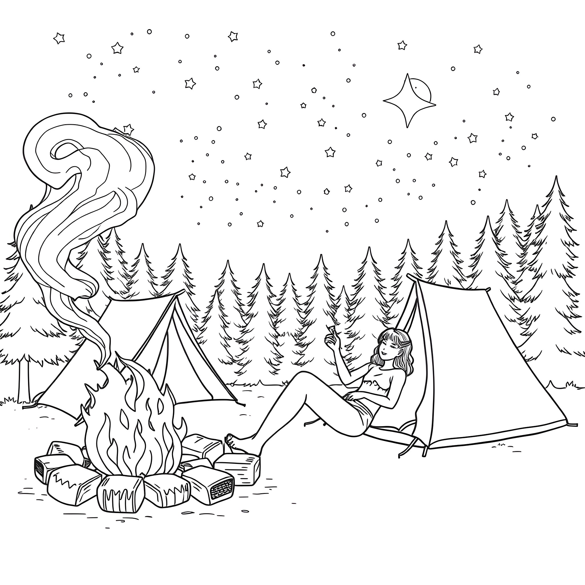 Woman camping under starry night sky Coloring Page (free black-and-white line drawing printable PDF for all, from beginners to advanced learners, including children, teens, adults, and seniors)