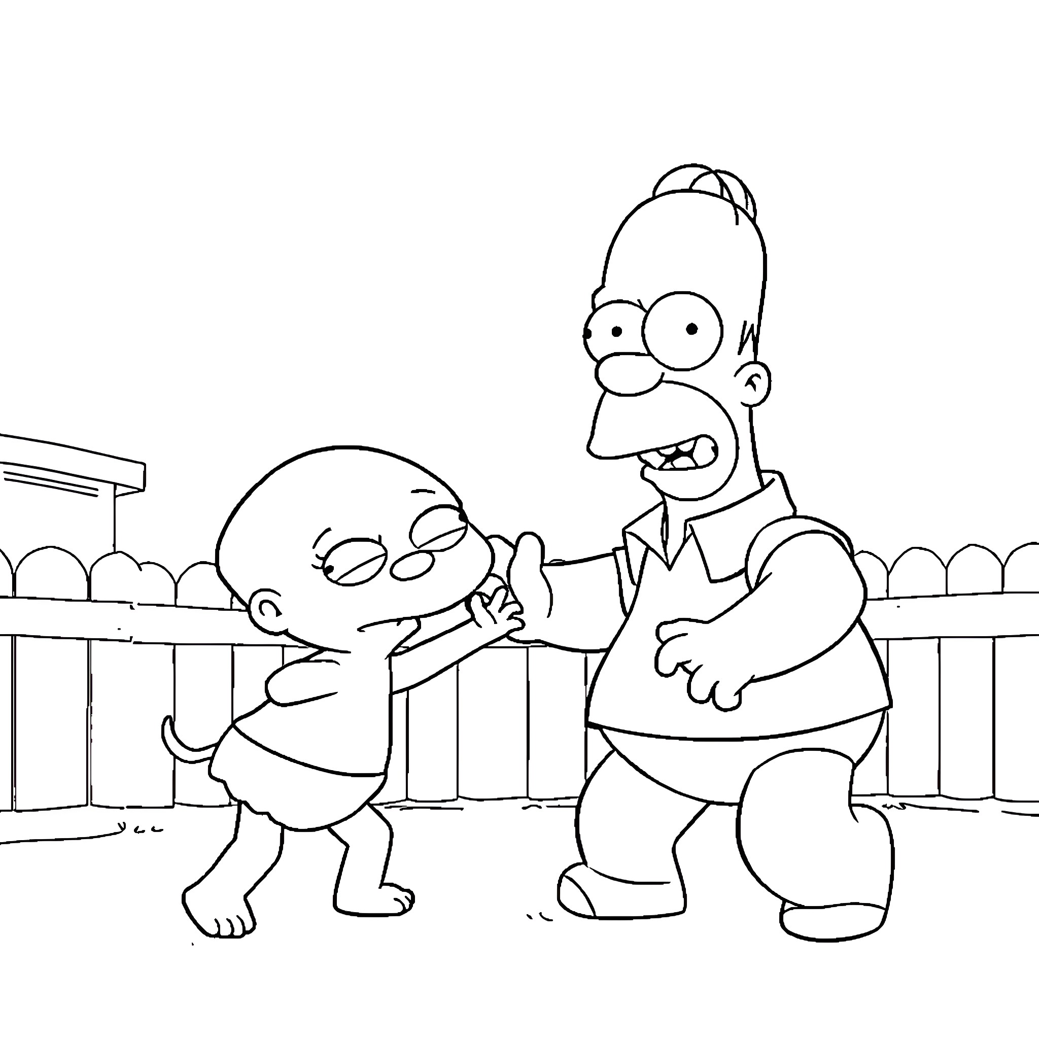 Stewie and Homer in a comical interaction Coloring Page (free black-and-white line drawing printable PDF for all, from beginners to advanced learners, including children, teens, adults, and seniors)
