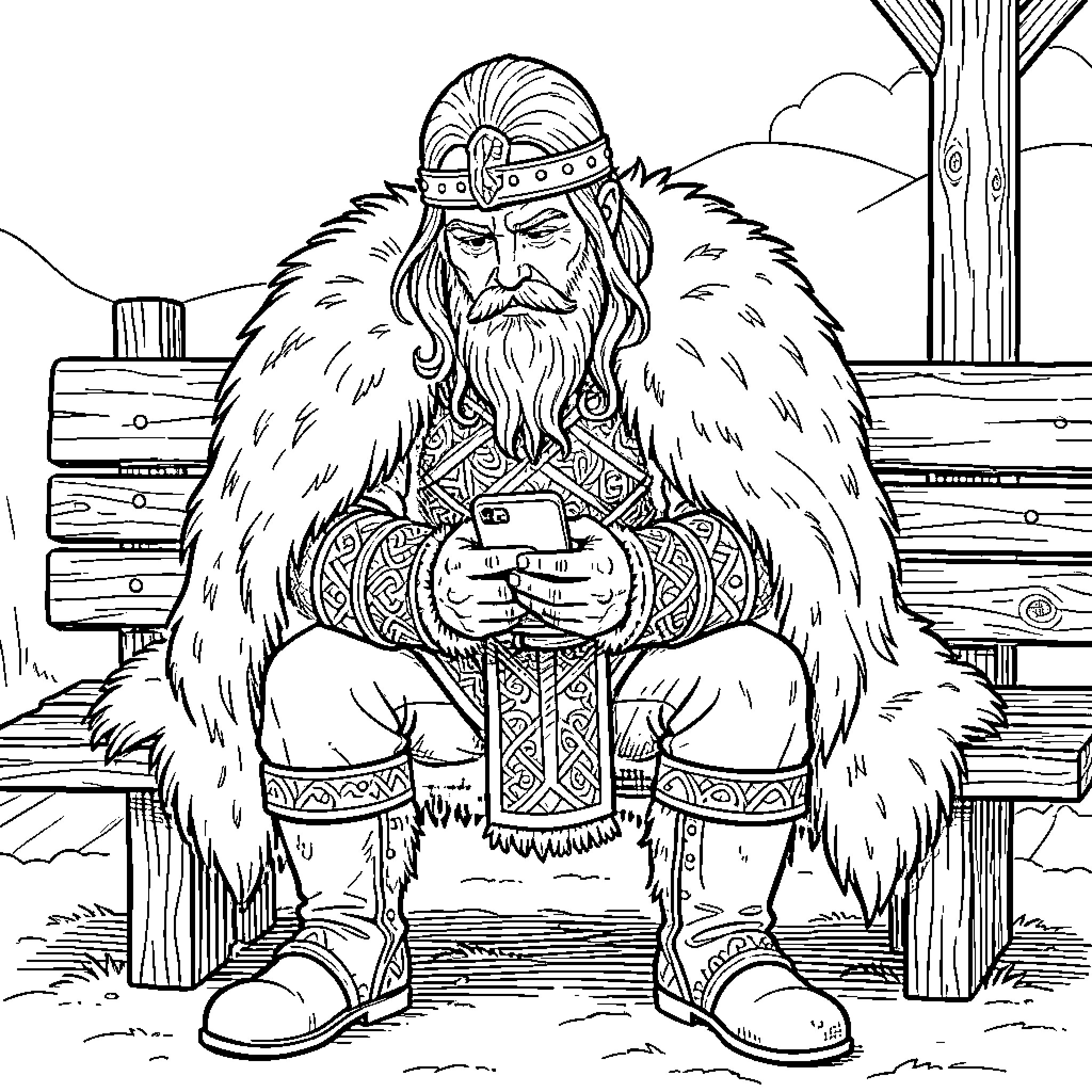 Viking Warrior in Ornate Clothing and Accessories Coloring Page (free black-and-white line drawing printable PDF for all, from beginners to advanced learners, including children, teens, adults, and seniors)