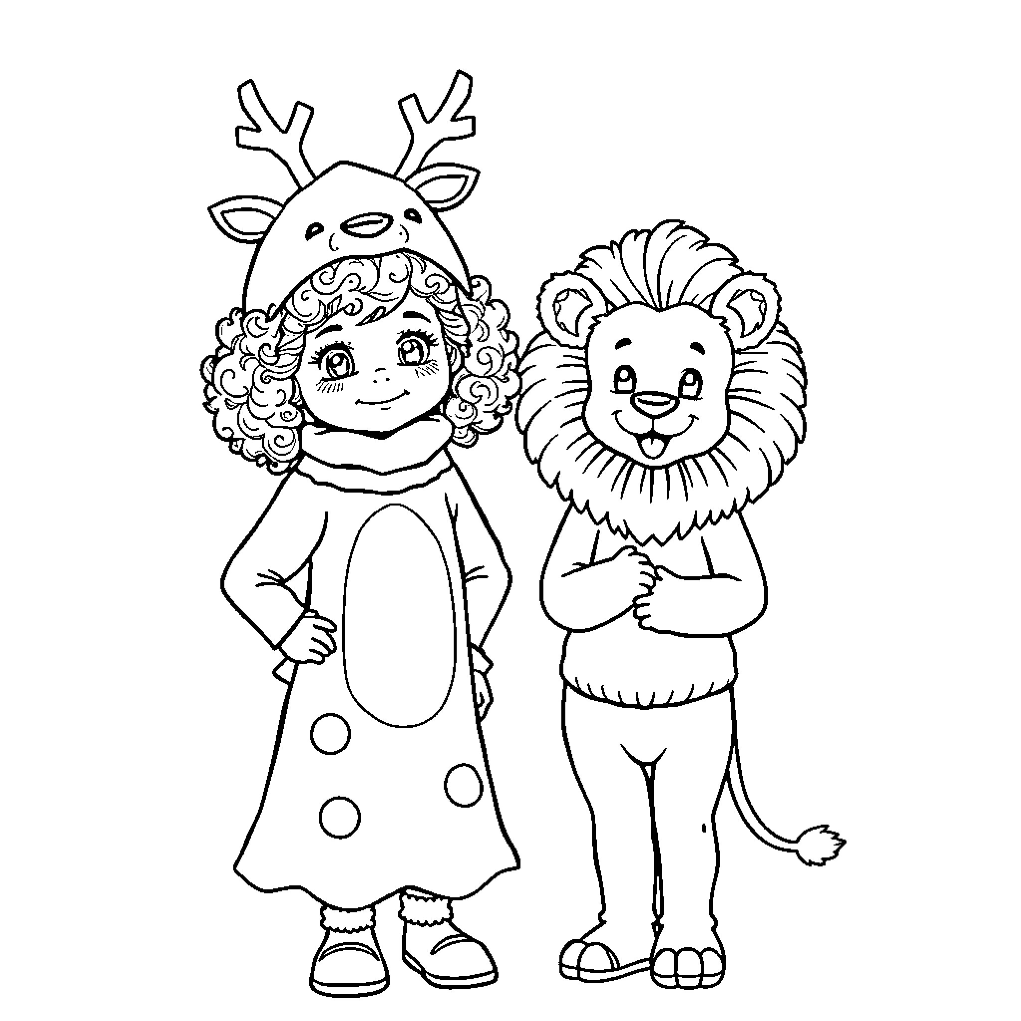 Girl in whimsical animal costume with friend Coloring Page (free black-and-white line drawing printable PDF for all, from beginners to advanced learners, including children, teens, adults, and seniors)