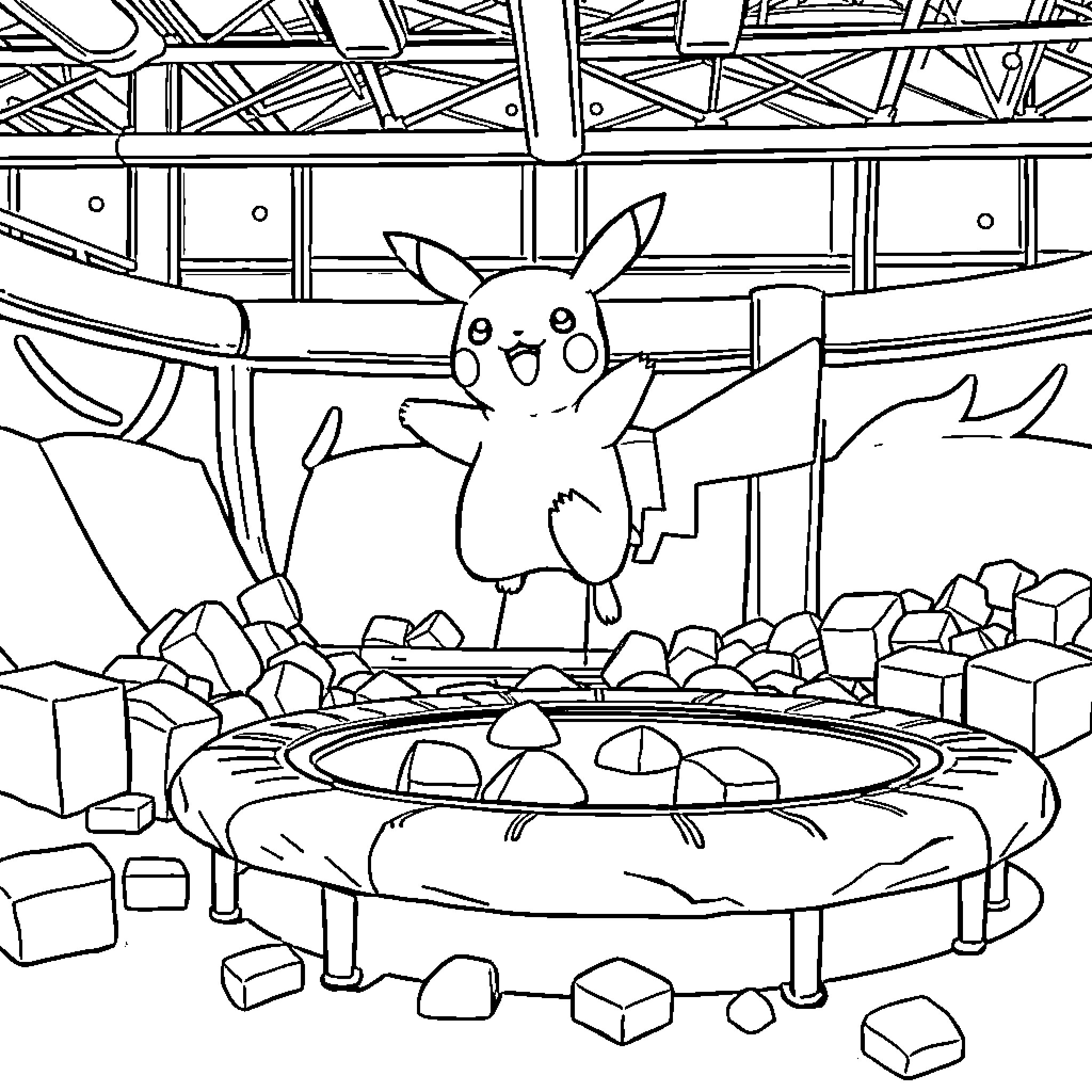 Pikachu Jumping Joyfully on Trampoline Coloring Page (free black-and-white line drawing printable PDF for all, from beginners to advanced learners, including children, teens, adults, and seniors)