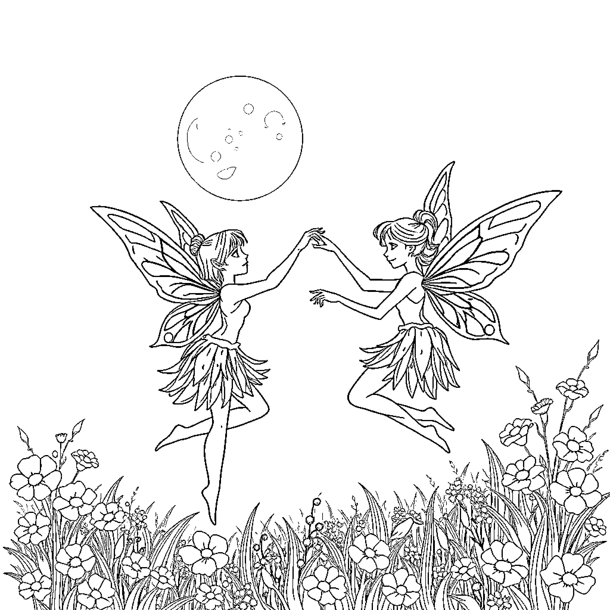 Fairy friends dancing under the moonlight Coloring Page (free black-and-white line drawing printable PDF for all, from beginners to advanced learners, including children, teens, adults, and seniors)