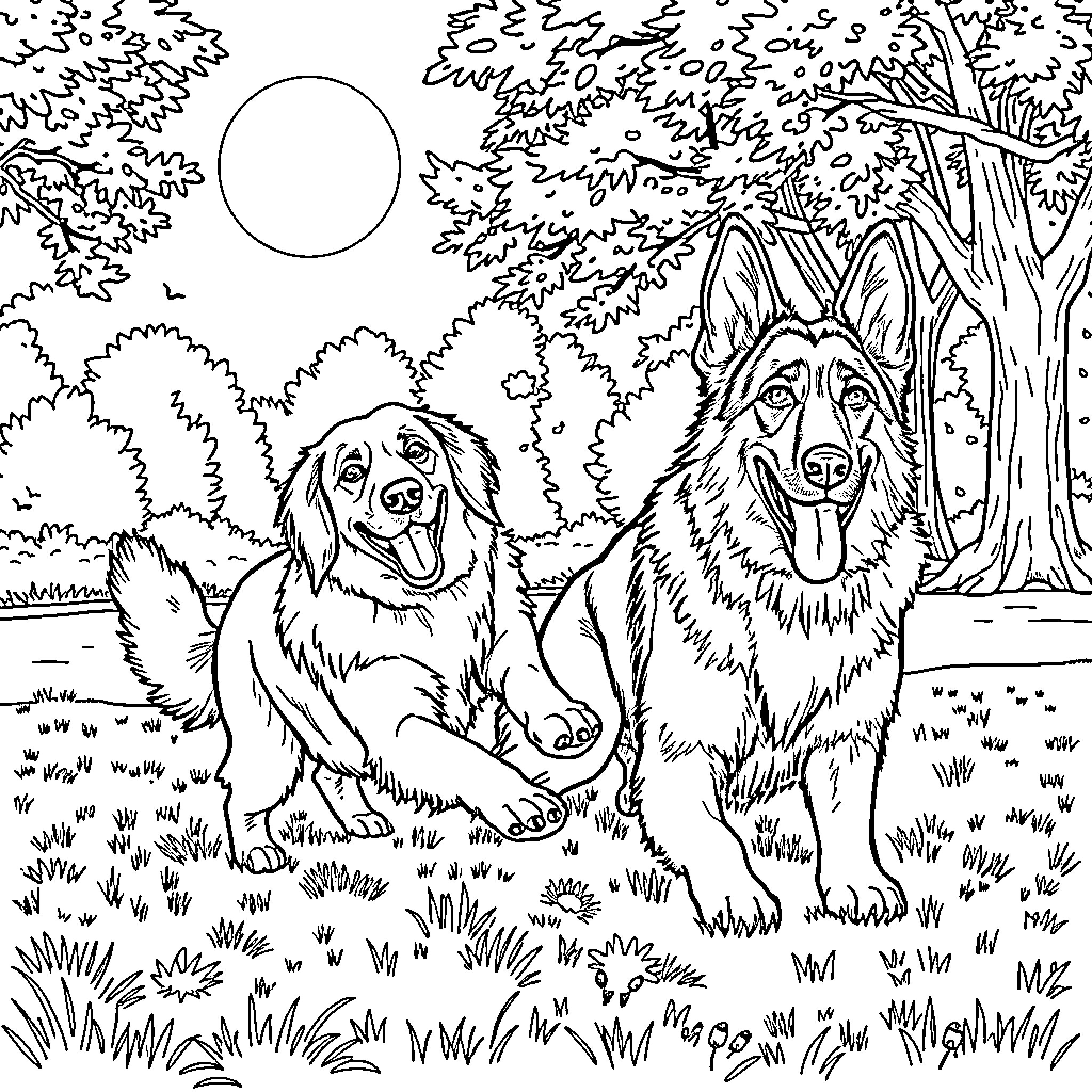 Dog Companions in the Peaceful Forest Coloring Page (free black-and-white line drawing printable PDF for all, from beginners to advanced learners, including children, teens, adults, and seniors)