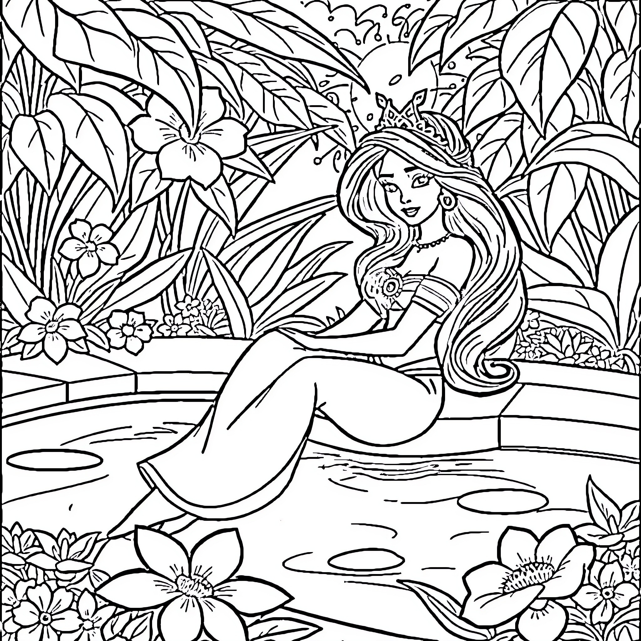 Princess Jasmine relaxing in a lush, tropical setting Coloring Page (free black-and-white line drawing printable PDF for all, from beginners to advanced learners, including children, teens, adults, and seniors)