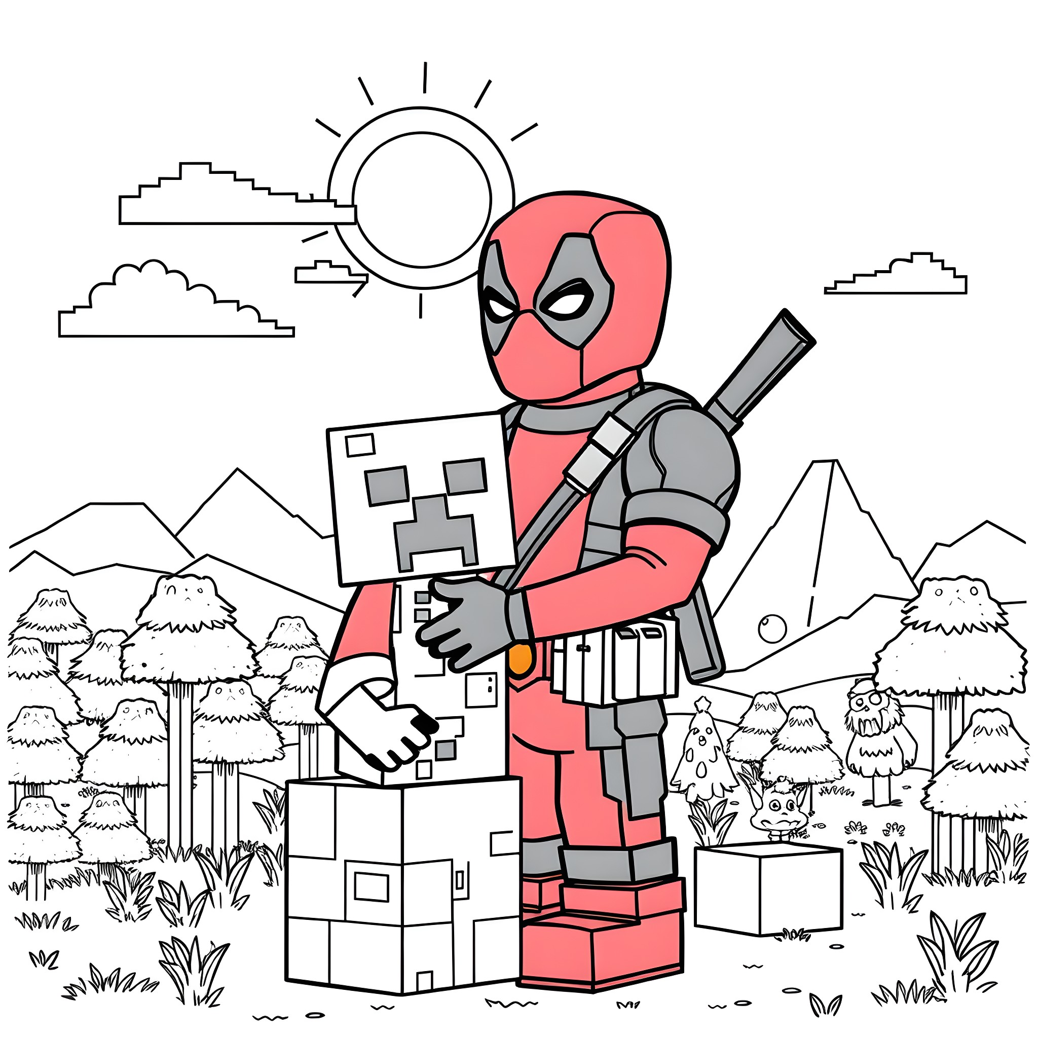 Deadpool embarking on an adventure in the wilderness Coloring Page (free black-and-white line drawing printable PDF for all, from beginners to advanced learners, including children, teens, adults, and seniors)