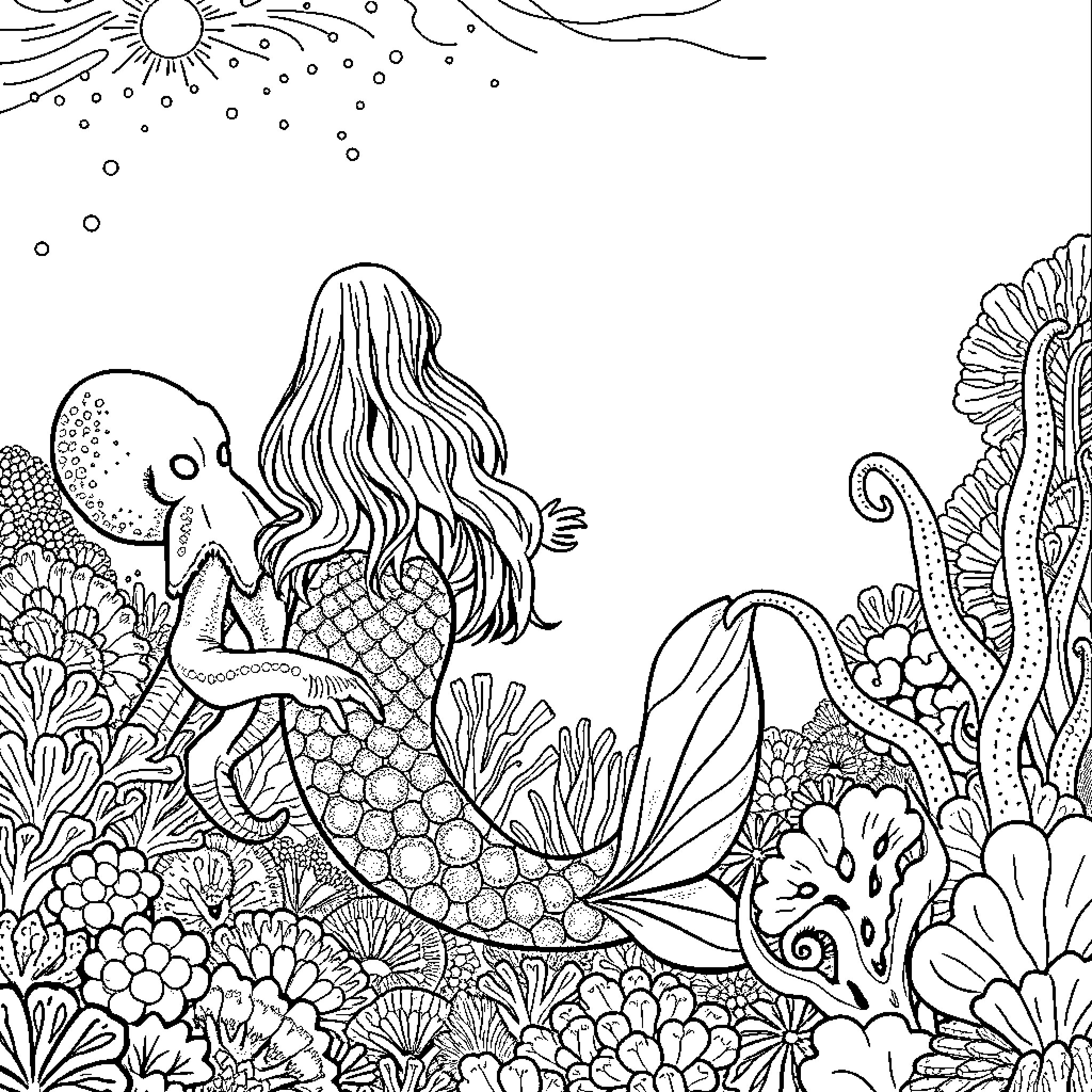Mermaid resting in a vibrant underwater scene Coloring Page (free black-and-white line drawing printable PDF for all, from beginners to advanced learners, including children, teens, adults, and seniors)