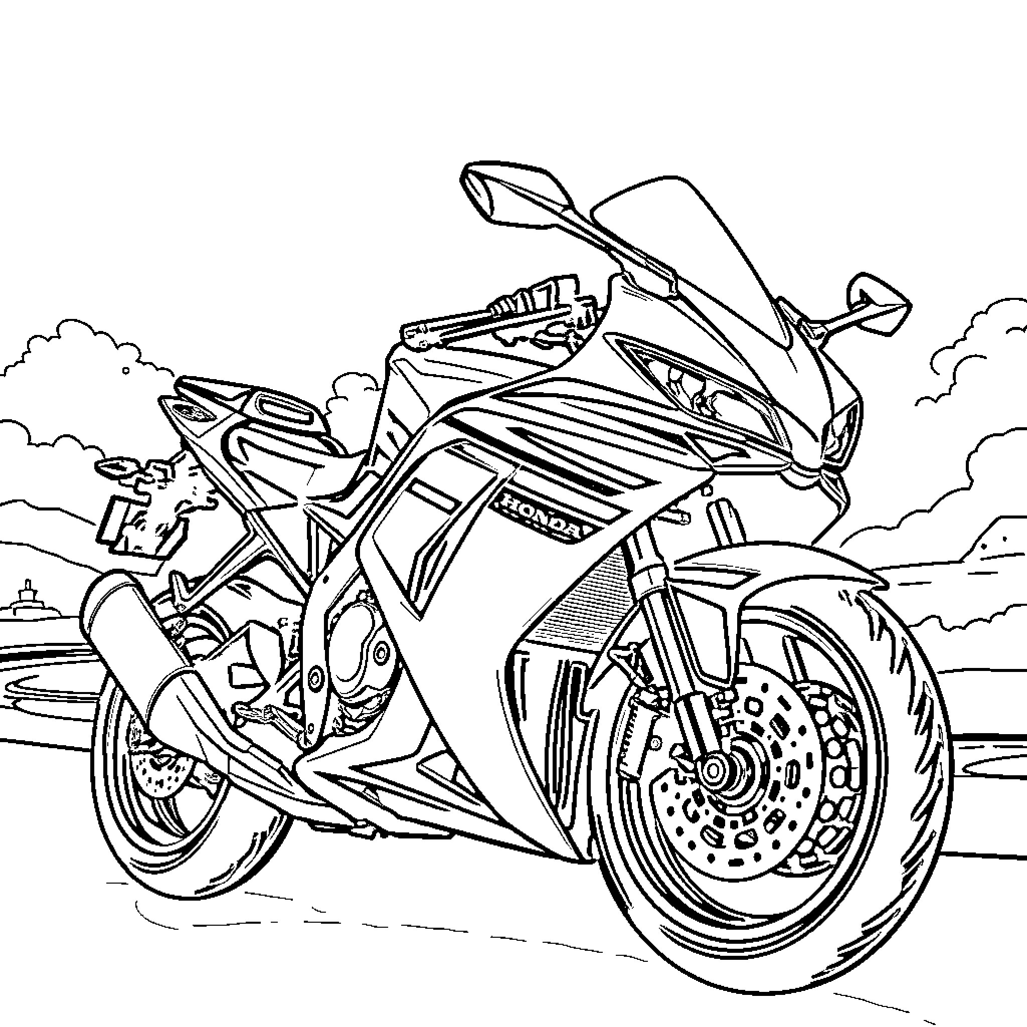Honda CBR motorcycle speeding through the countryside Coloring Page (free black-and-white line drawing printable PDF for all, from beginners to advanced learners, including children, teens, adults, and seniors)