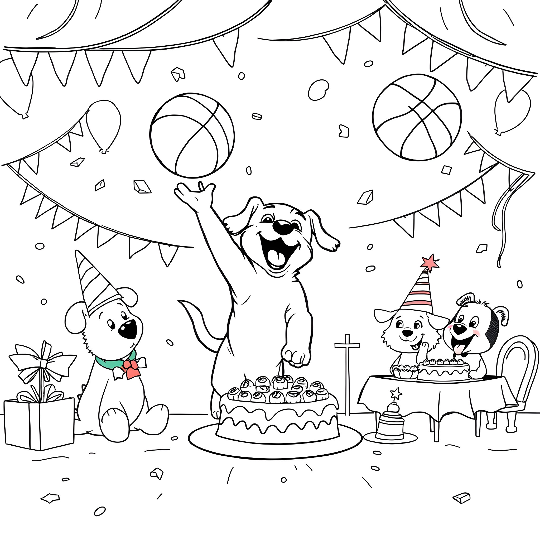 Puppy celebrating birthday party with friends Coloring Page (free black-and-white line drawing printable PDF for all, from beginners to advanced learners, including children, teens, adults, and seniors)