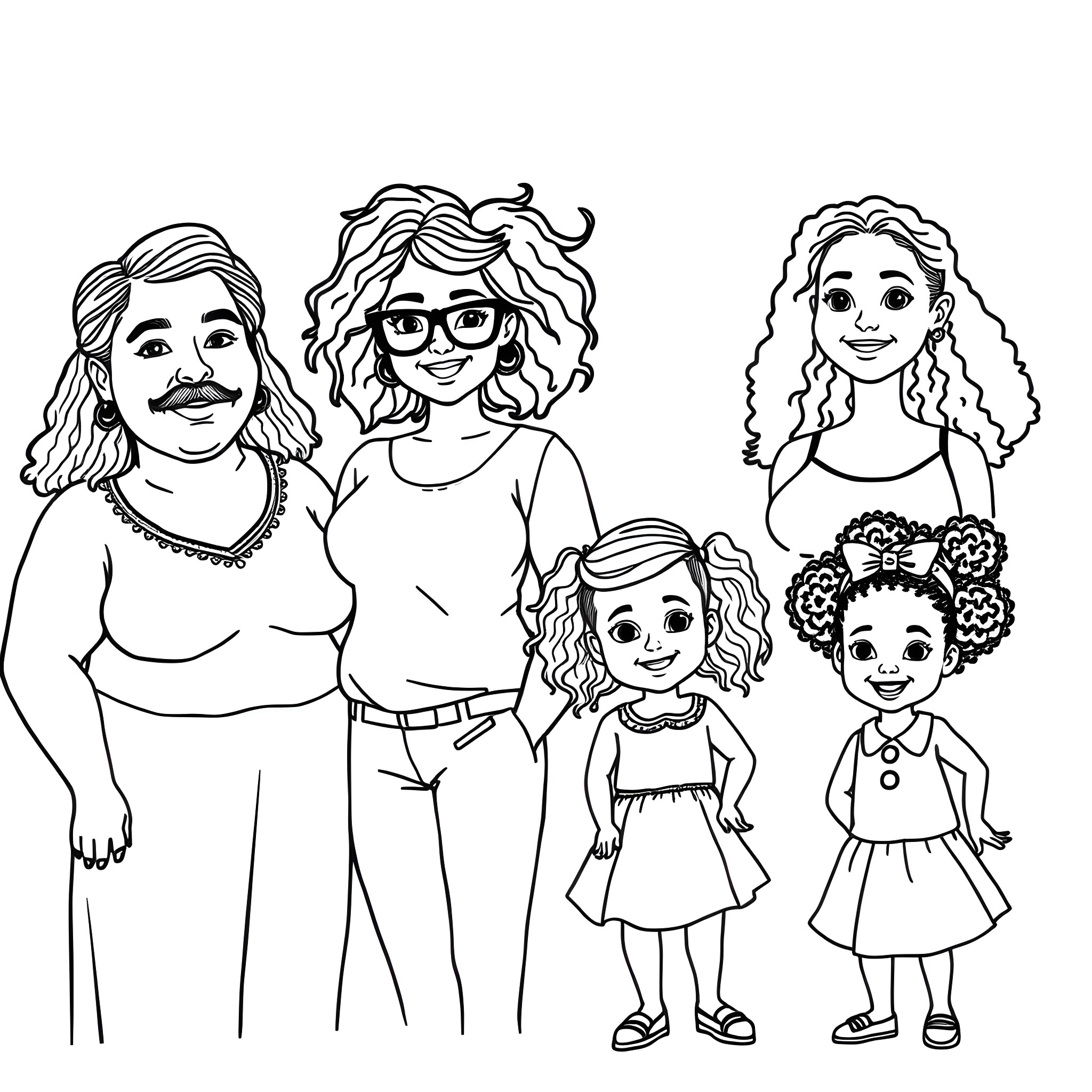 Mom and family members in casual outfits Coloring Page (free black-and-white line drawing printable PDF for all, from beginners to advanced learners, including children, teens, adults, and seniors)