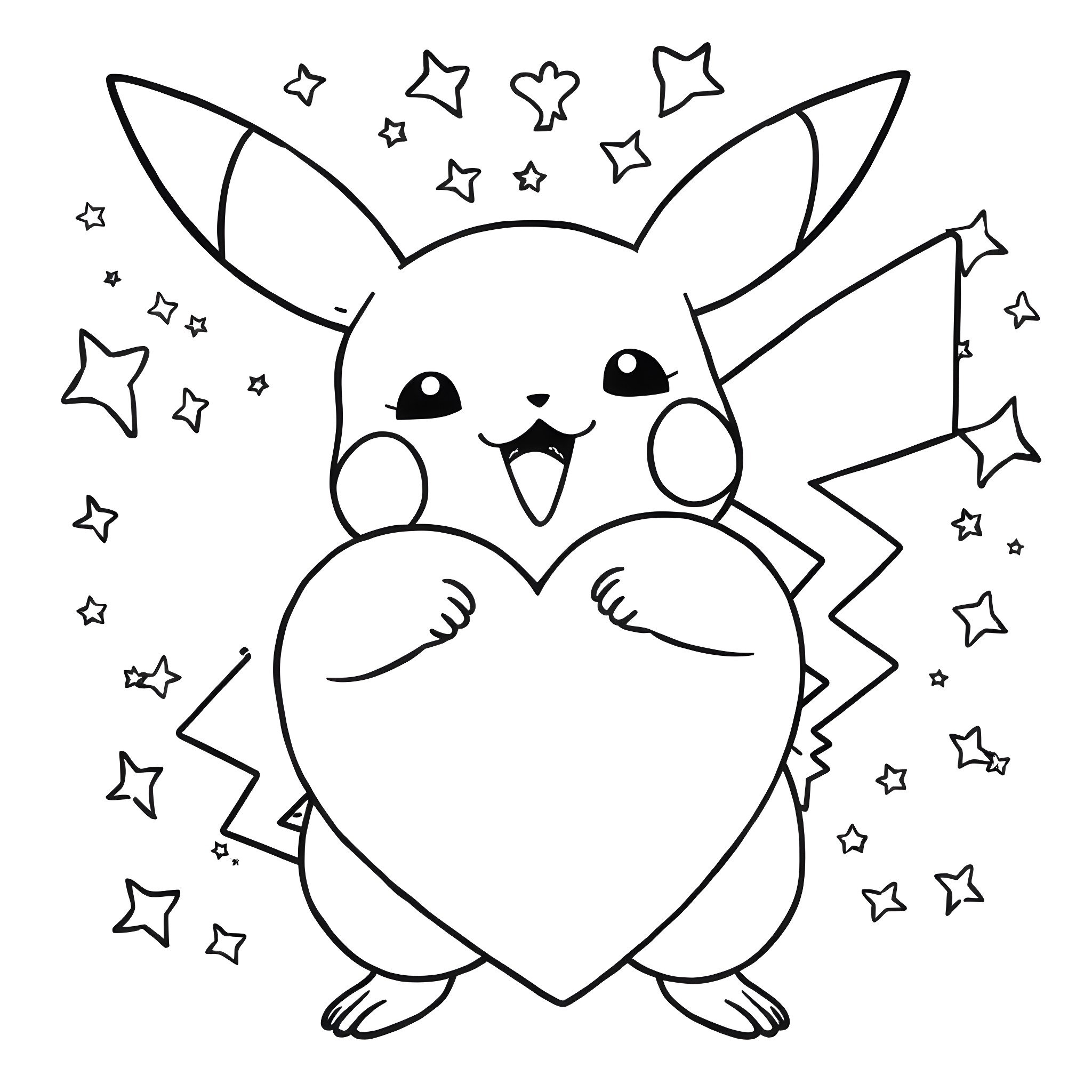 Pikachu holding a heart with stars around Coloring Page (free black-and-white line drawing printable PDF for all, from beginners to advanced learners, including children, teens, adults, and seniors)