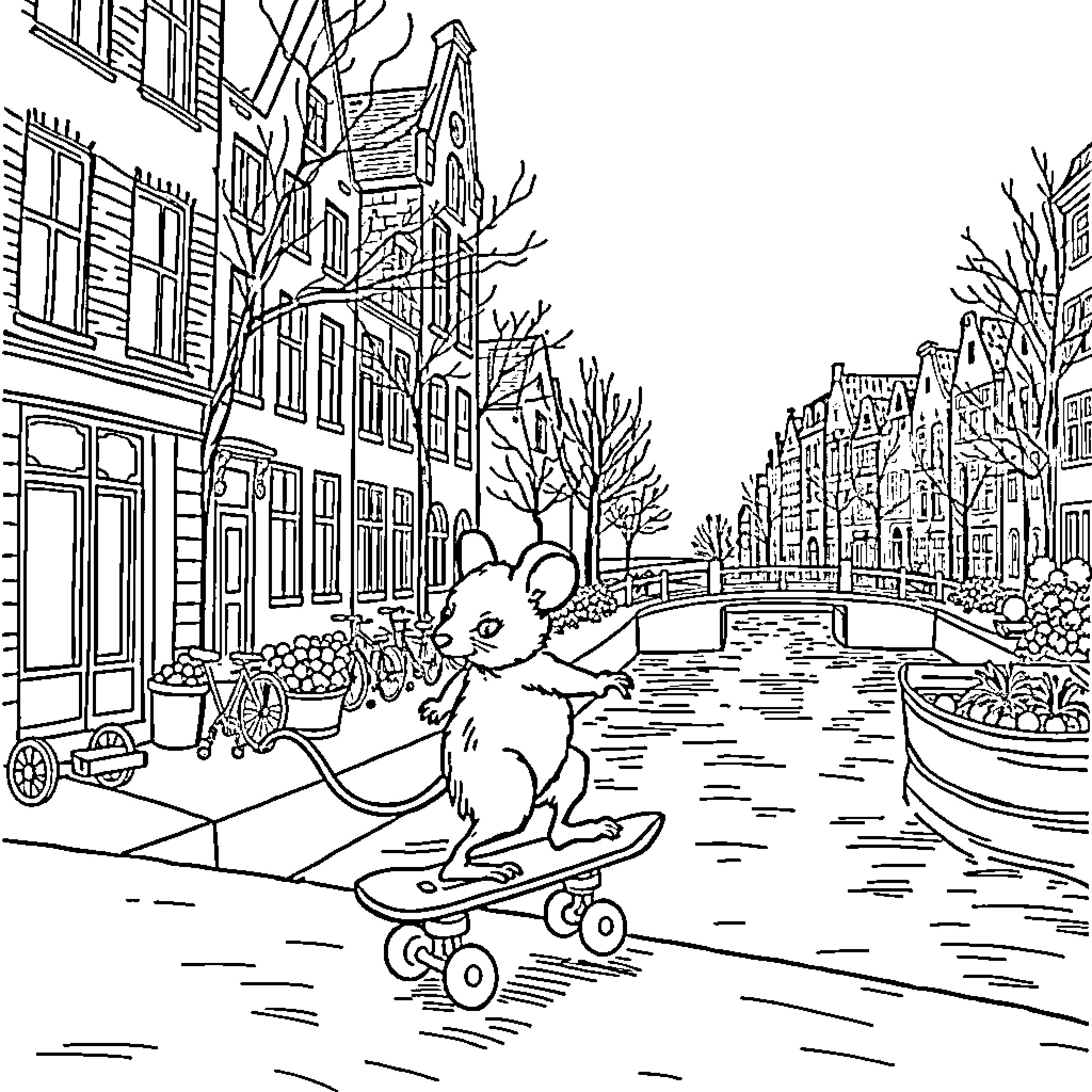 Mouse exploring winter town on skateboard Coloring Page (free black-and-white line drawing printable PDF for all, from beginners to advanced learners, including children, teens, adults, and seniors)