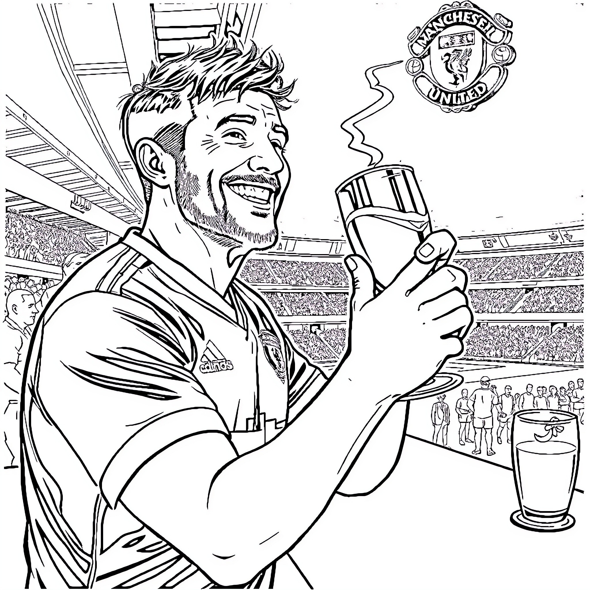 Bruno Fernandes celebrating with Manchester United jersey Coloring Page (free black-and-white line drawing printable PDF for all, from beginners to advanced learners, including children, teens, adults, and seniors)