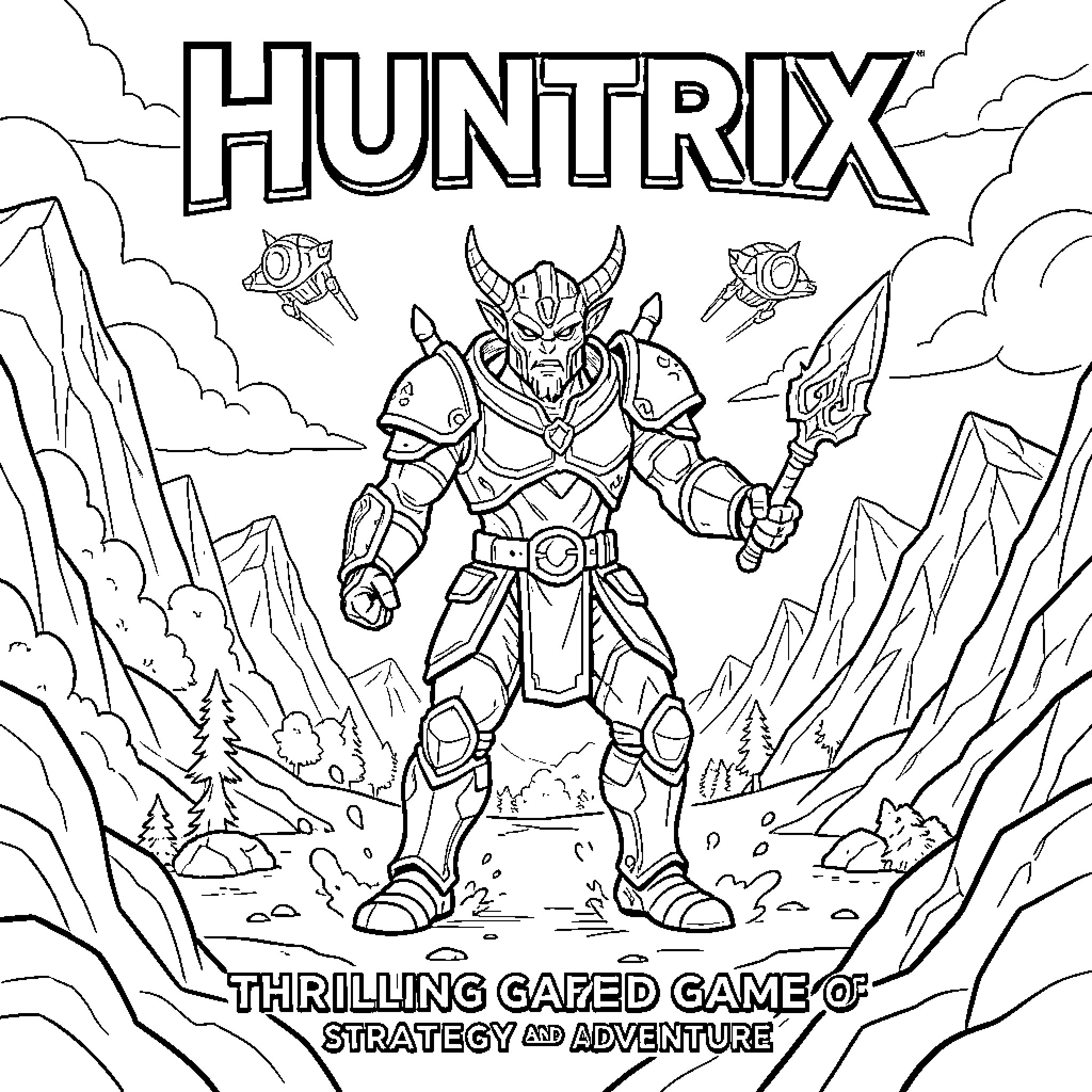 Huntrix warrior standing heroically amidst a mountain landscape Coloring Page (free black-and-white line drawing printable PDF for all, from beginners to advanced learners, including children, teens, adults, and seniors)
