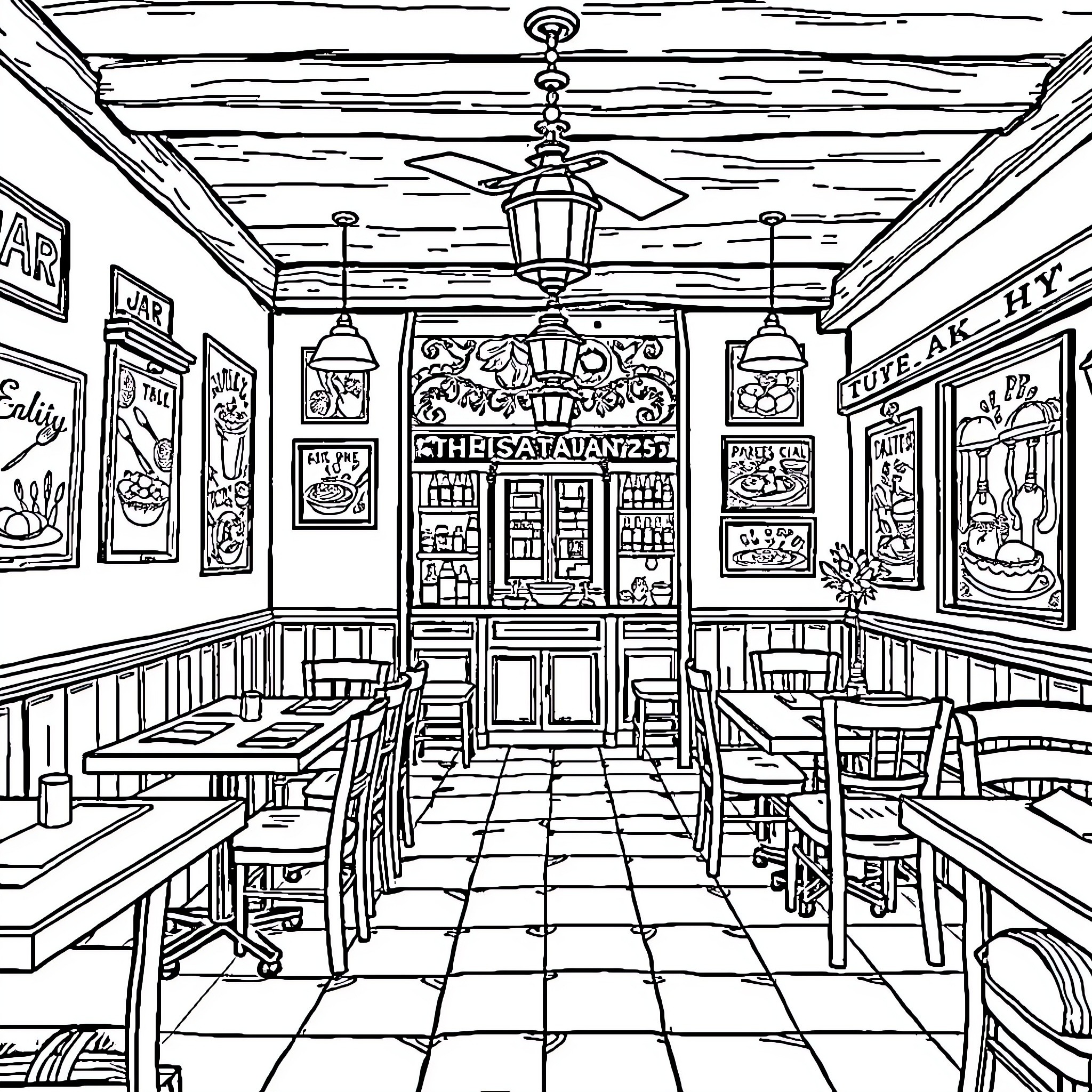 Restaurant scene with vintage decor and furnishings Coloring Page (free black-and-white line drawing printable PDF for all, from beginners to advanced learners, including children, teens, adults, and seniors)