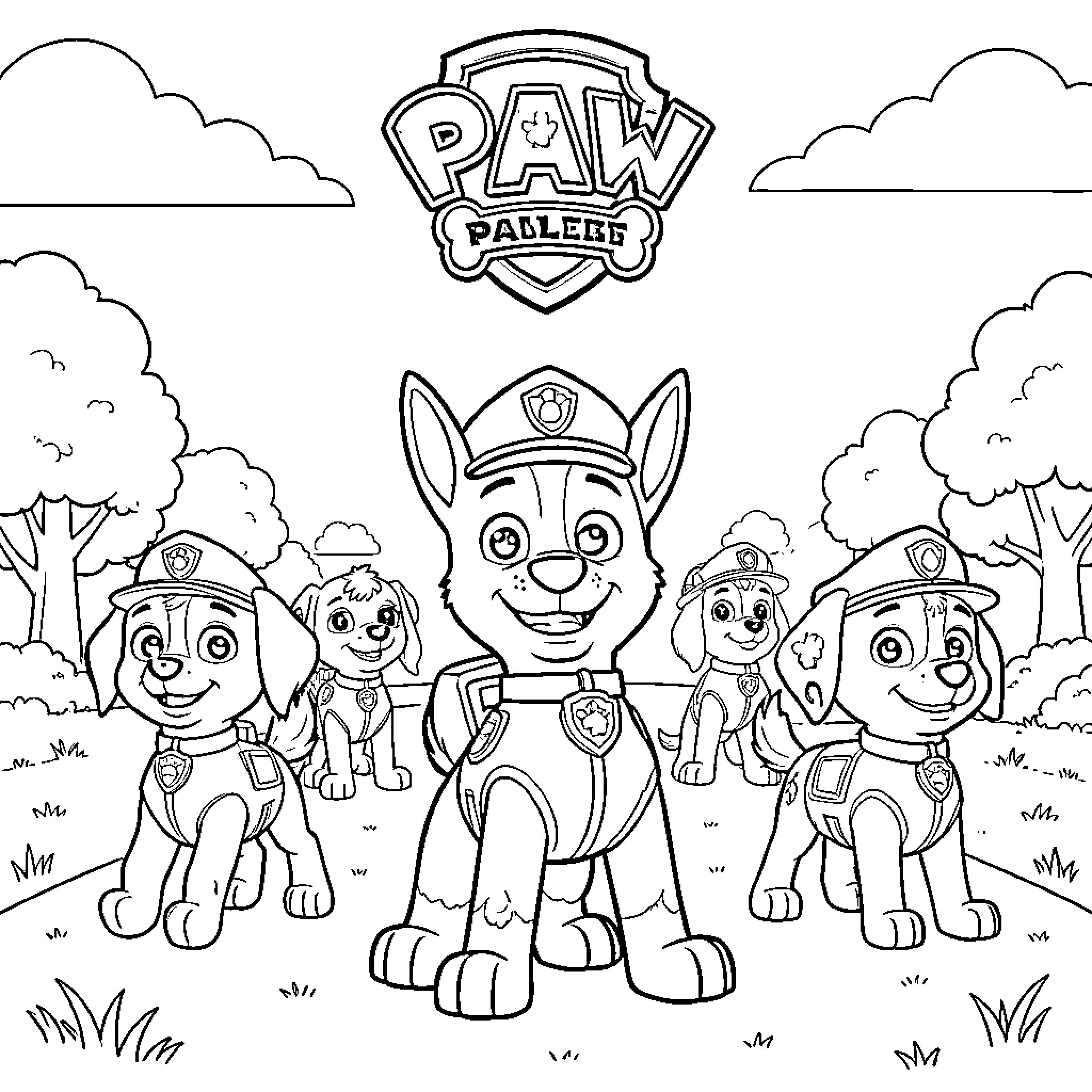 Paw Patrol pups smiling together in a group scene Coloring Page (free black-and-white line drawing printable PDF for all, from beginners to advanced learners, including children, teens, adults, and seniors)