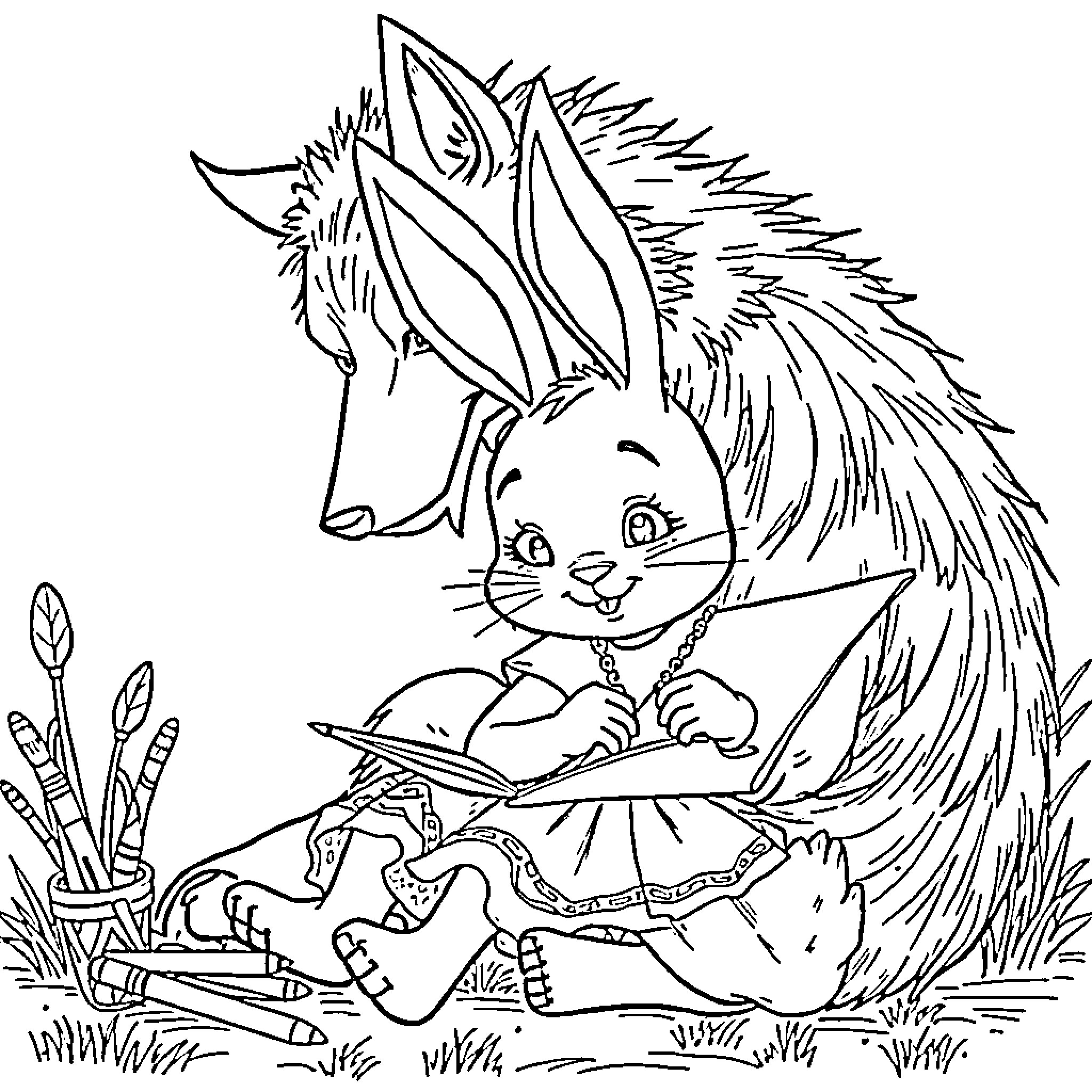 Bunny exploring the outdoors with curiosity Coloring Page (free black-and-white line drawing printable PDF for all, from beginners to advanced learners, including children, teens, adults, and seniors)