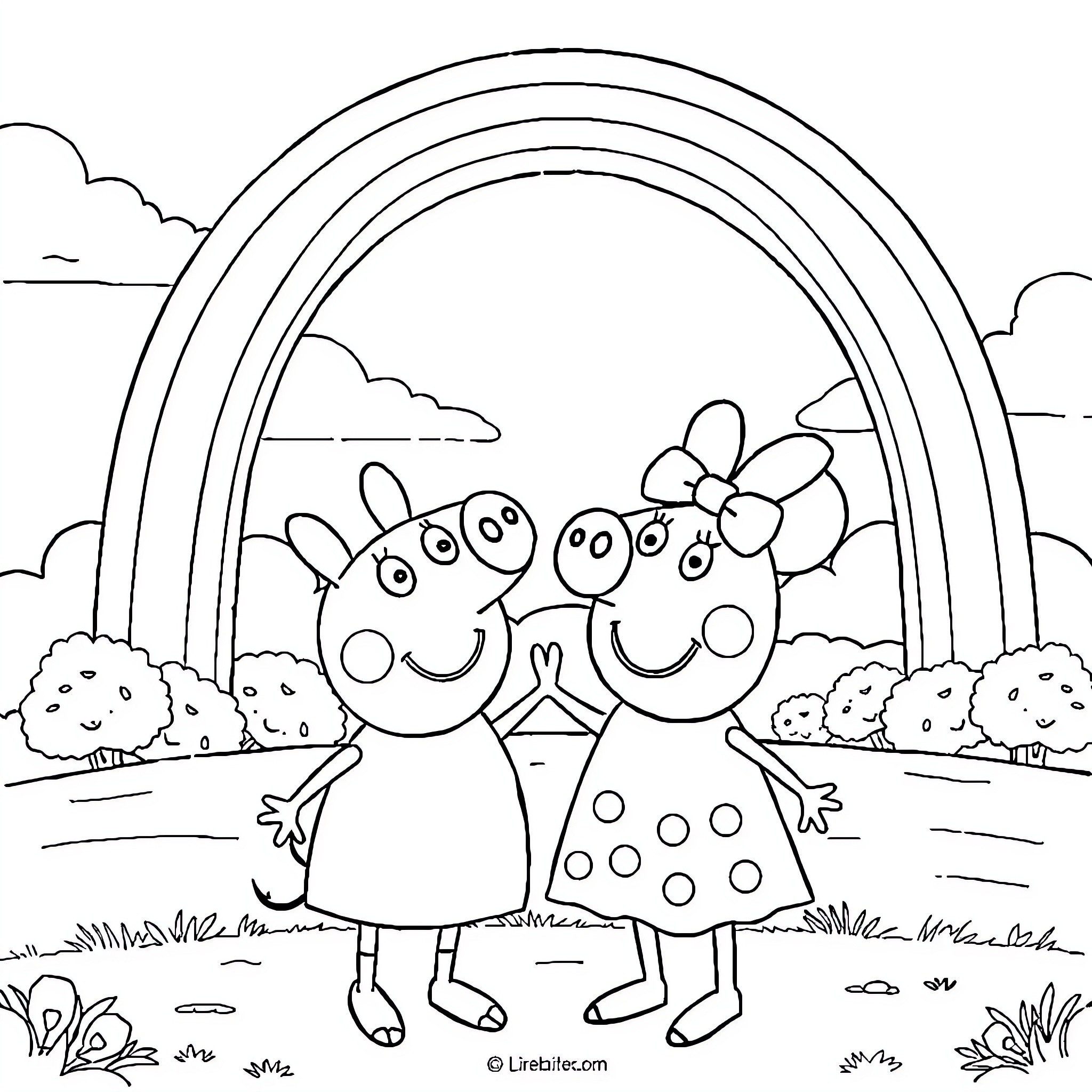 Peppa and Suzy playing under a rainbow Coloring Page (free black-and-white line drawing printable PDF for all, from beginners to advanced learners, including children, teens, adults, and seniors)