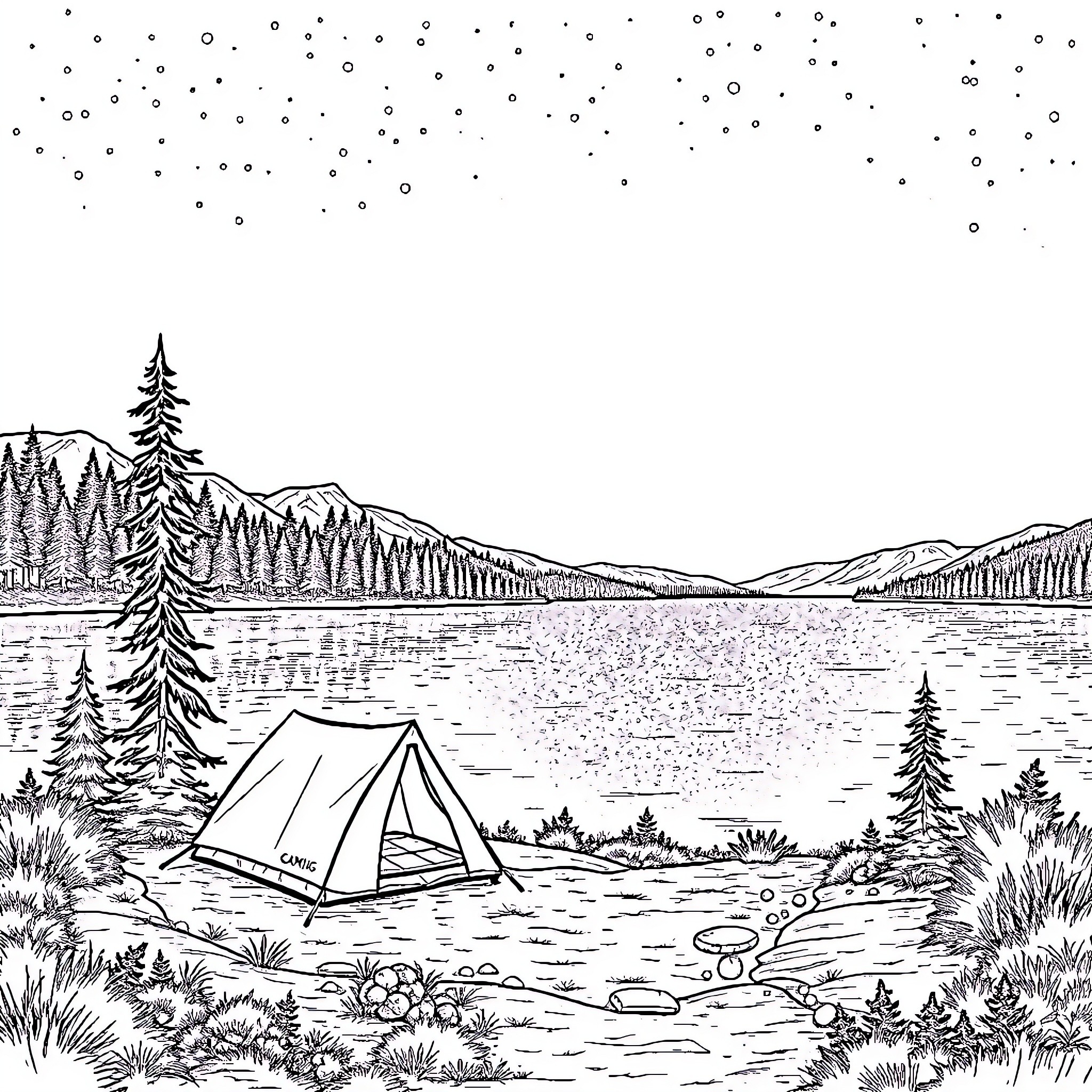 Camping in the serene wilderness landscape Coloring Page (free black-and-white line drawing printable PDF for all, from beginners to advanced learners, including children, teens, adults, and seniors)