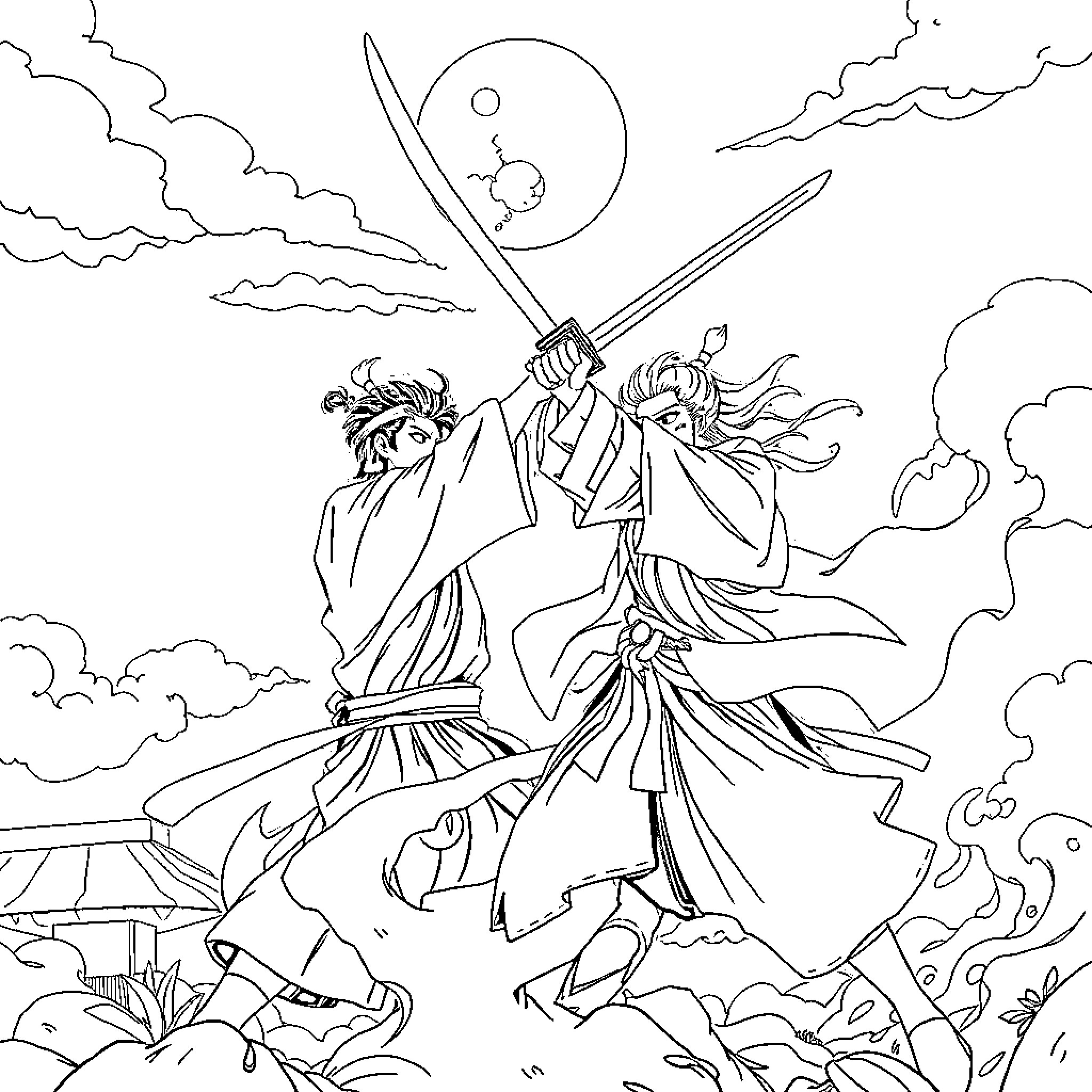 Tanjiro's heroic battle against unseen forces Coloring Page (free black-and-white line drawing printable PDF for all, from beginners to advanced learners, including children, teens, adults, and seniors)