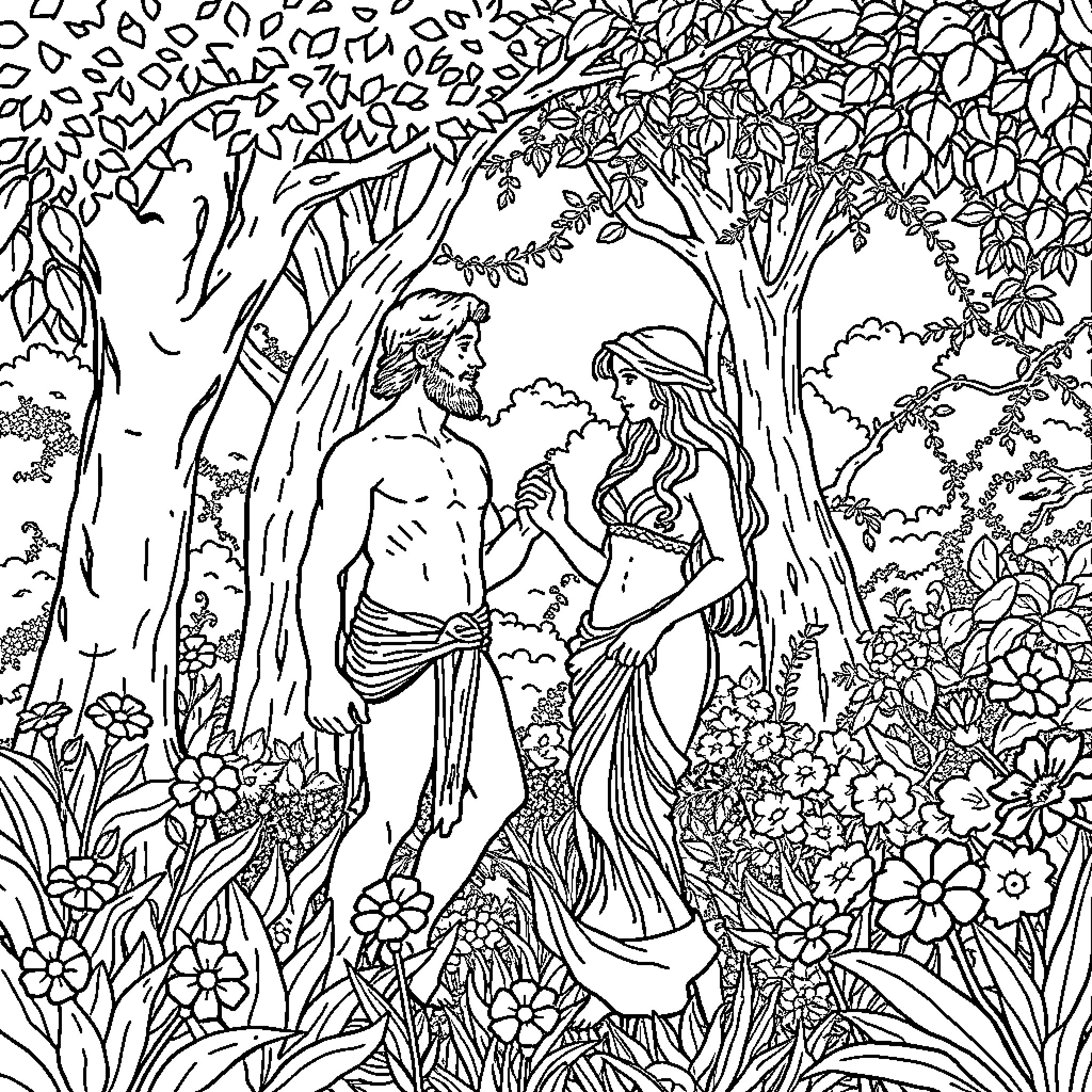 Adam and Eve in the Garden of Eden Coloring Page (free black-and-white line drawing printable PDF for all, from beginners to advanced learners, including children, teens, adults, and seniors)
