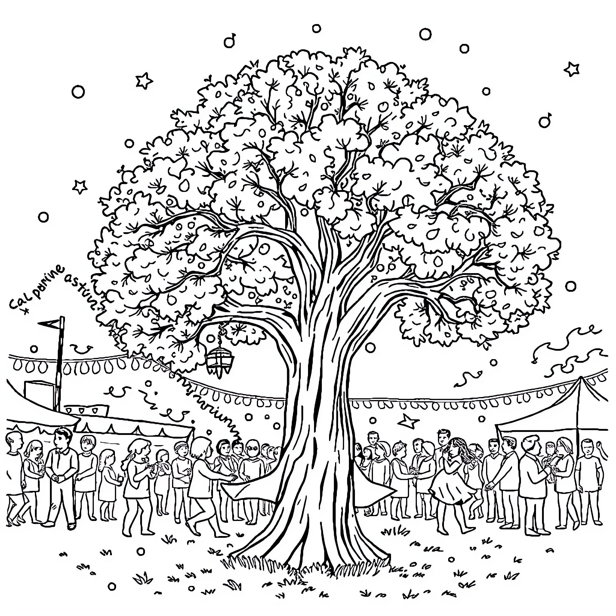 Tree with people gathered under its branches Coloring Page (free black-and-white line drawing printable PDF for all, from beginners to advanced learners, including children, teens, adults, and seniors)