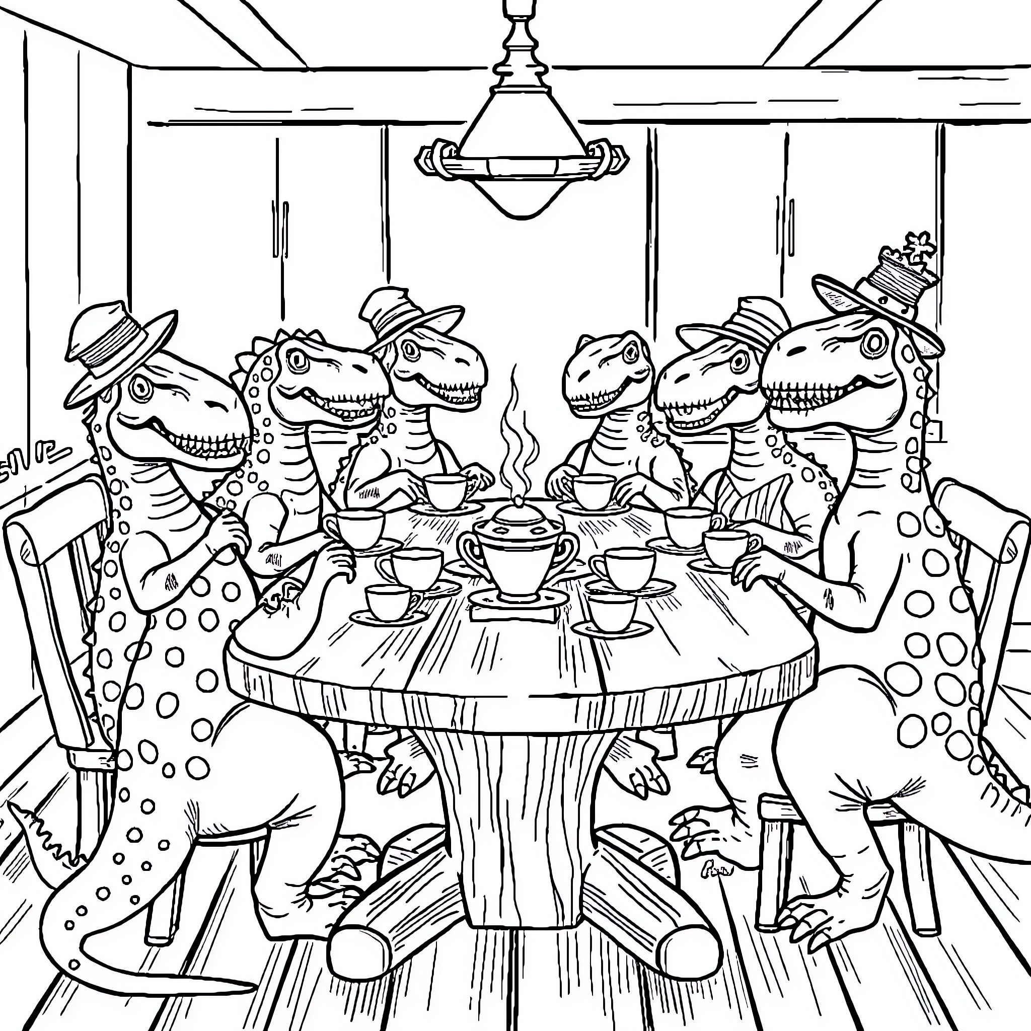 Dinosaurs enjoying a tea party together Coloring Page (free black-and-white line drawing printable PDF for all, from beginners to advanced learners, including children, teens, adults, and seniors)