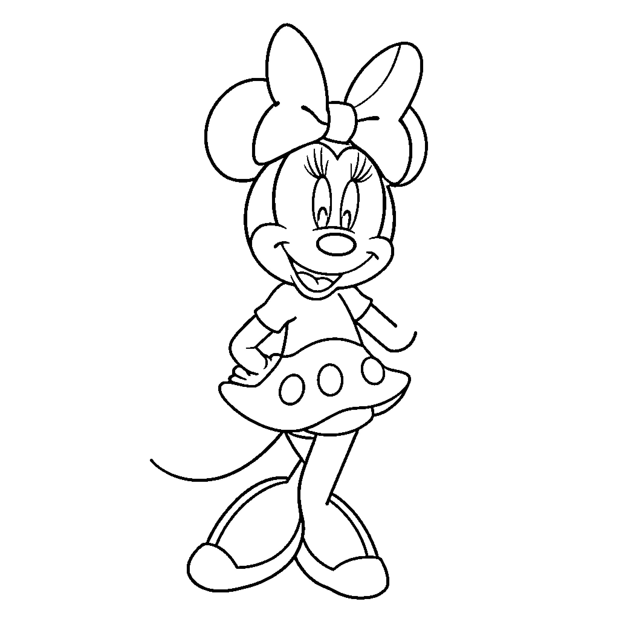 Minnie posing happily in a polka dot skirt Coloring Page (free black-and-white line drawing printable PDF for all, from beginners to advanced learners, including children, teens, adults, and seniors)