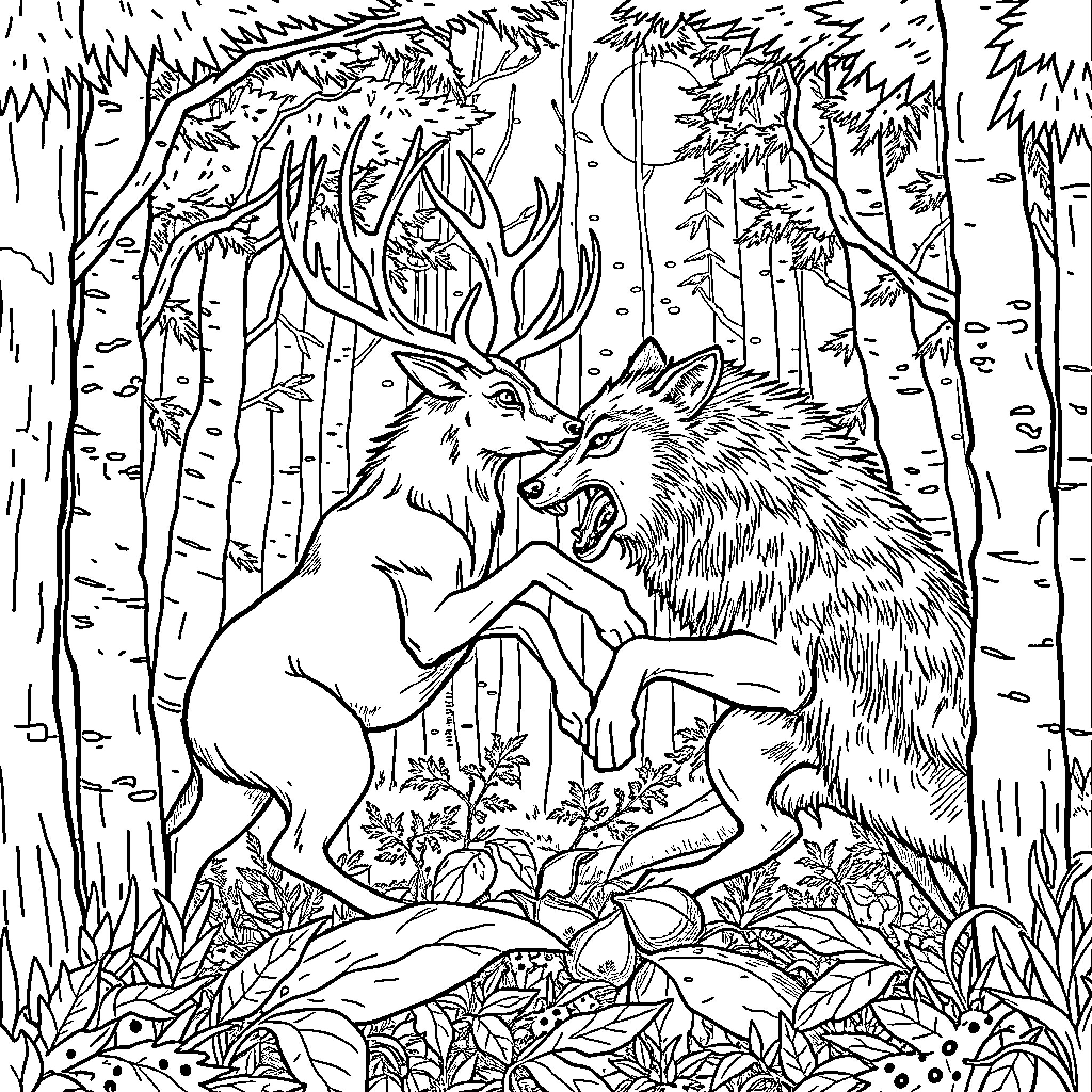 Deer fighting fiercely in the dense forest Coloring Page (free black-and-white line drawing printable PDF for all, from beginners to advanced learners, including children, teens, adults, and seniors)