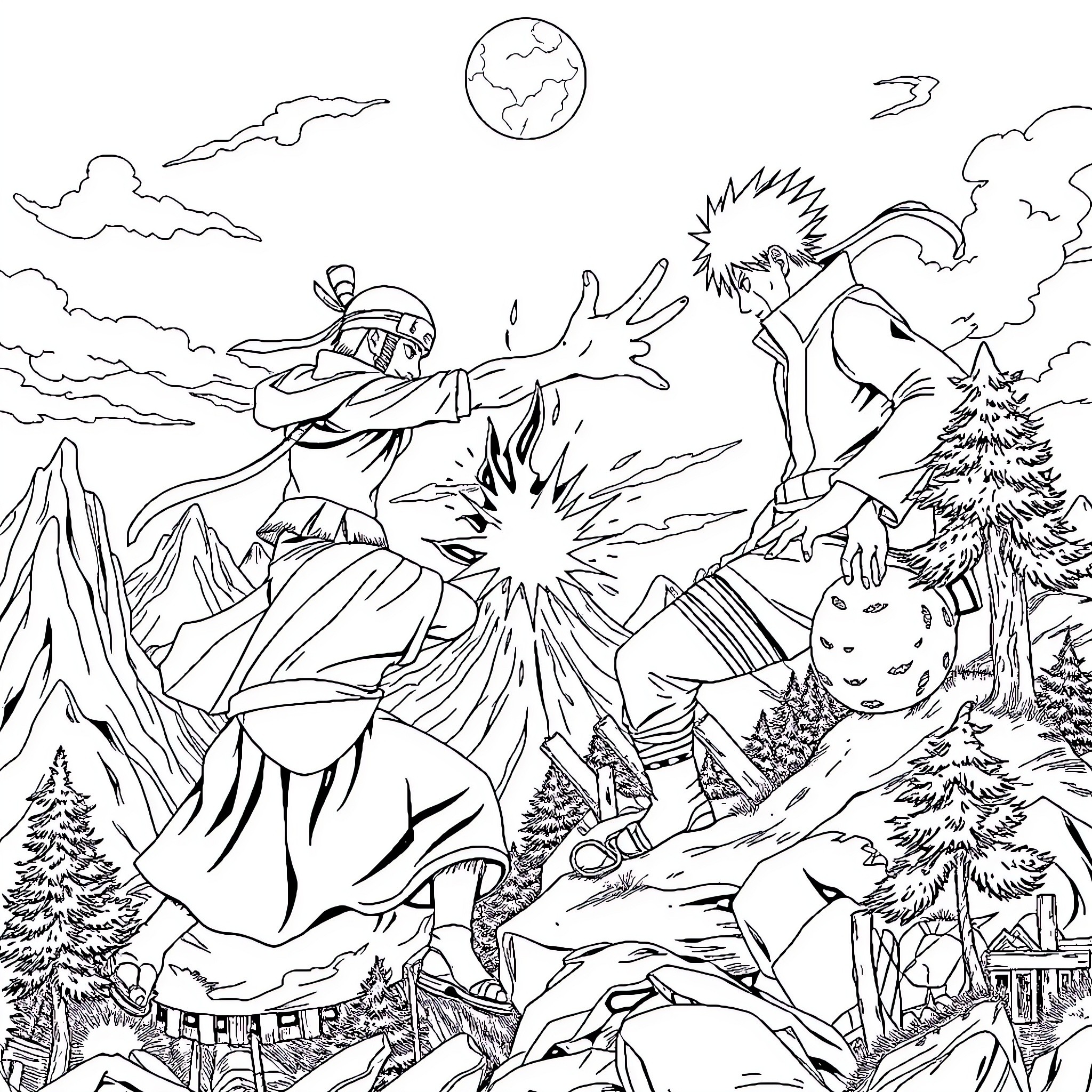Sanguku: Heroic Clash in the Mountainous Landscape Coloring Page (free black-and-white line drawing printable PDF for all, from beginners to advanced learners, including children, teens, adults, and seniors)