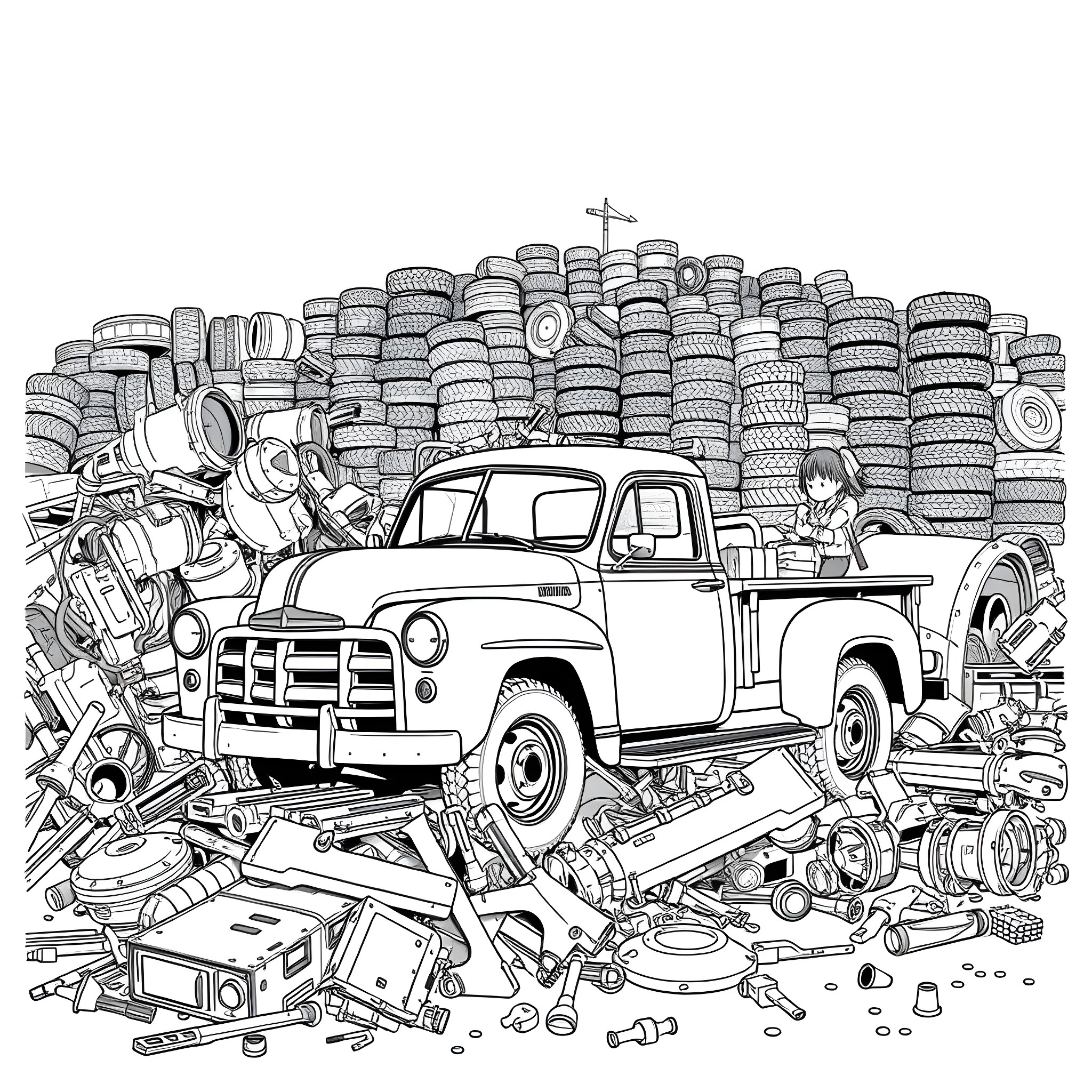 Pick Up Truck Surrounded by Auto Parts Coloring Page (free black-and-white line drawing printable PDF for all, from beginners to advanced learners, including children, teens, adults, and seniors)