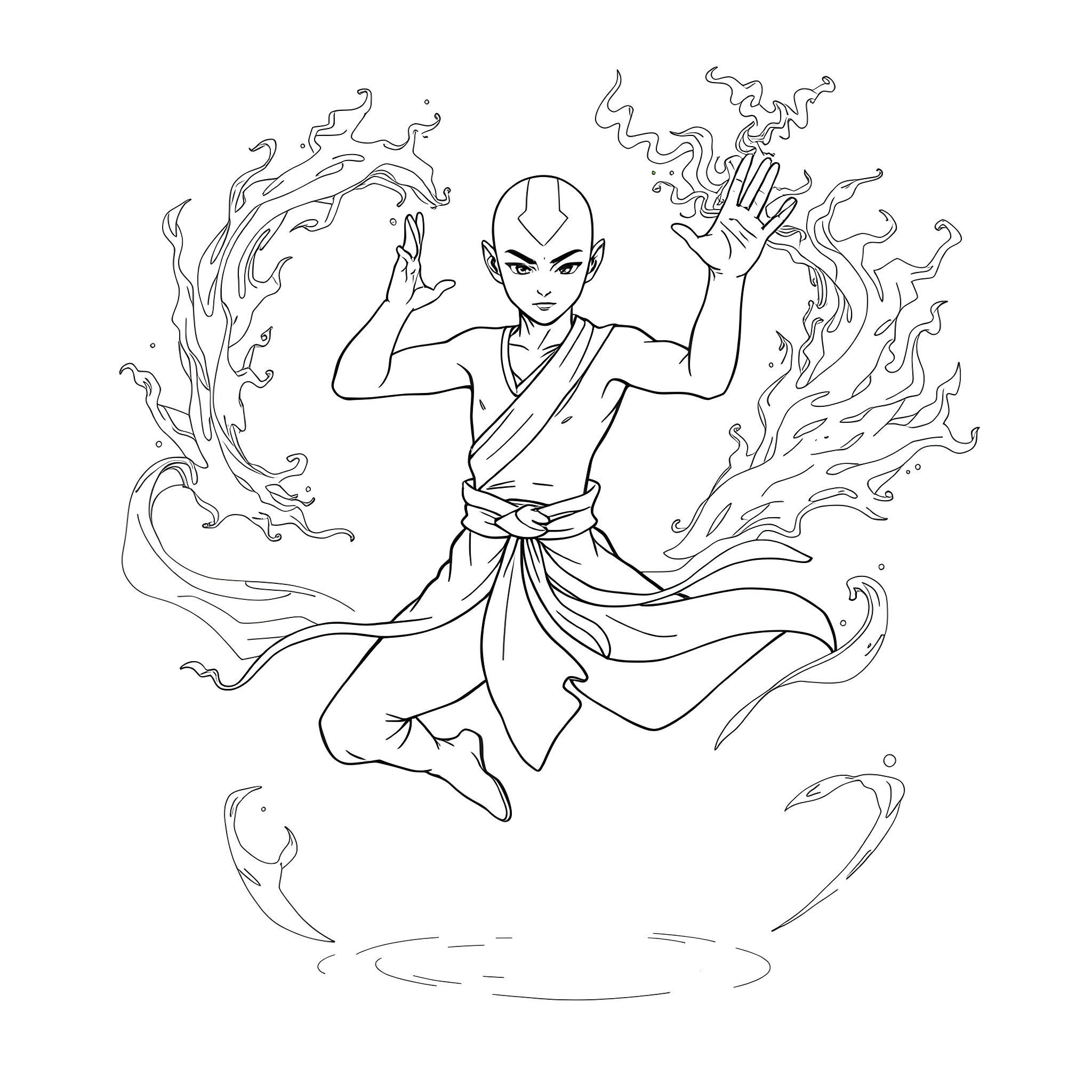 Aang performing firebending techniques with passion Coloring Page (free black-and-white line drawing printable PDF for all, from beginners to advanced learners, including children, teens, adults, and seniors)