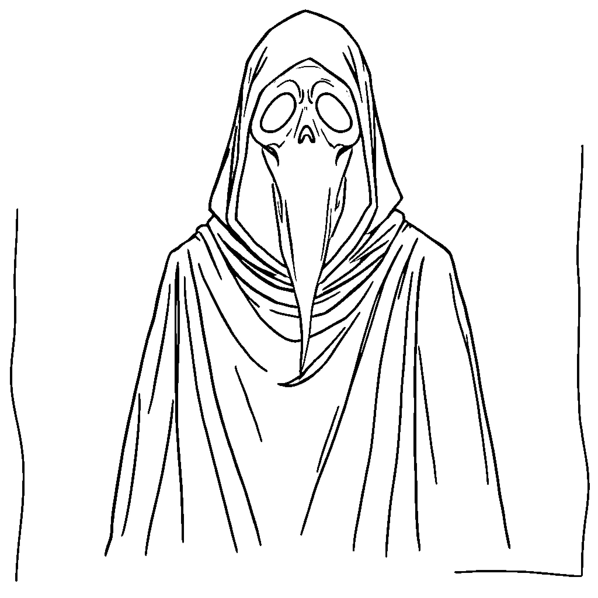 Ghost Face in Mysterious Hooded Cloak Coloring Page (free black-and-white line drawing printable PDF for all, from beginners to advanced learners, including children, teens, adults, and seniors)