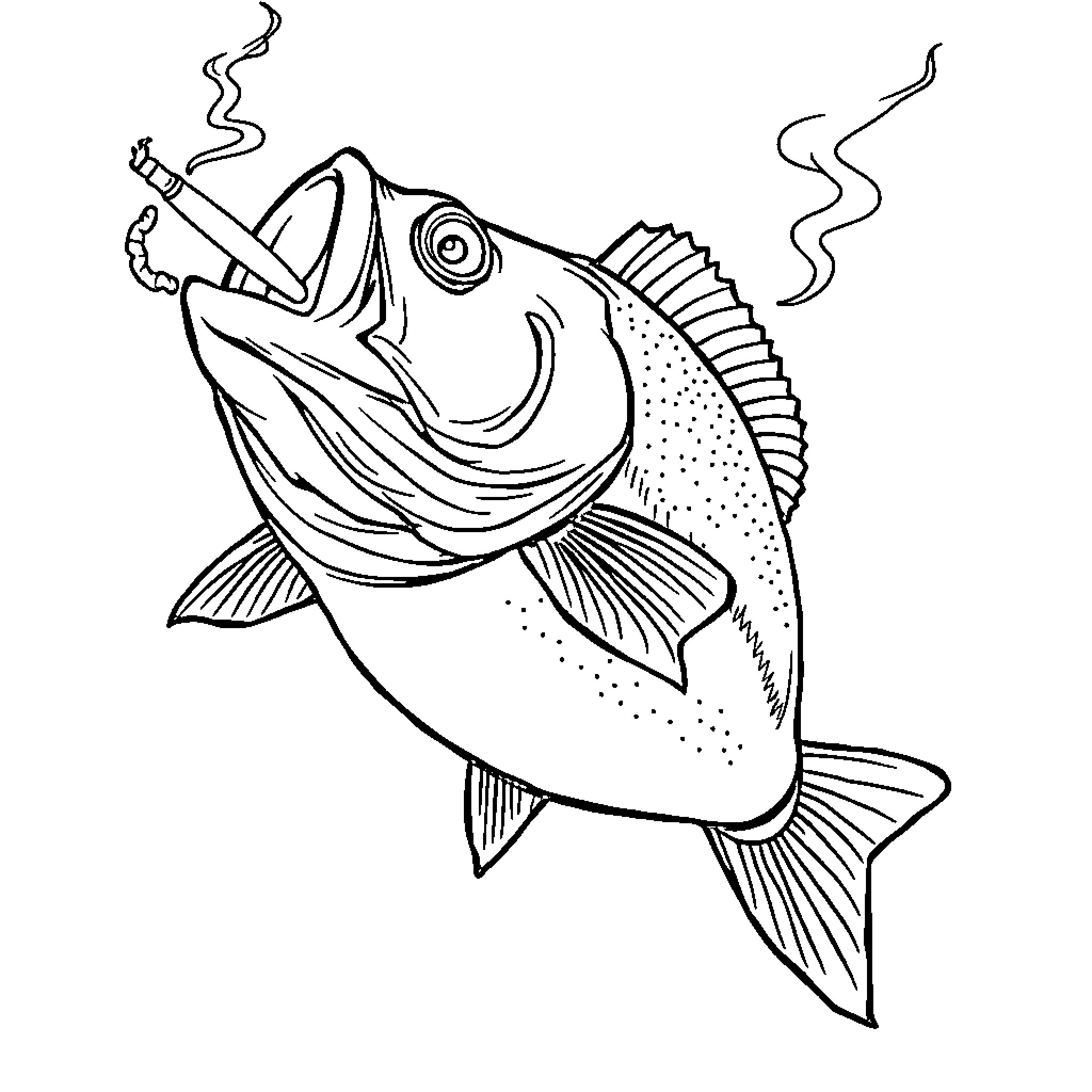 Bass smoking a cigar in the ocean Coloring Page (free black-and-white line drawing printable PDF for all, from beginners to advanced learners, including children, teens, adults, and seniors)