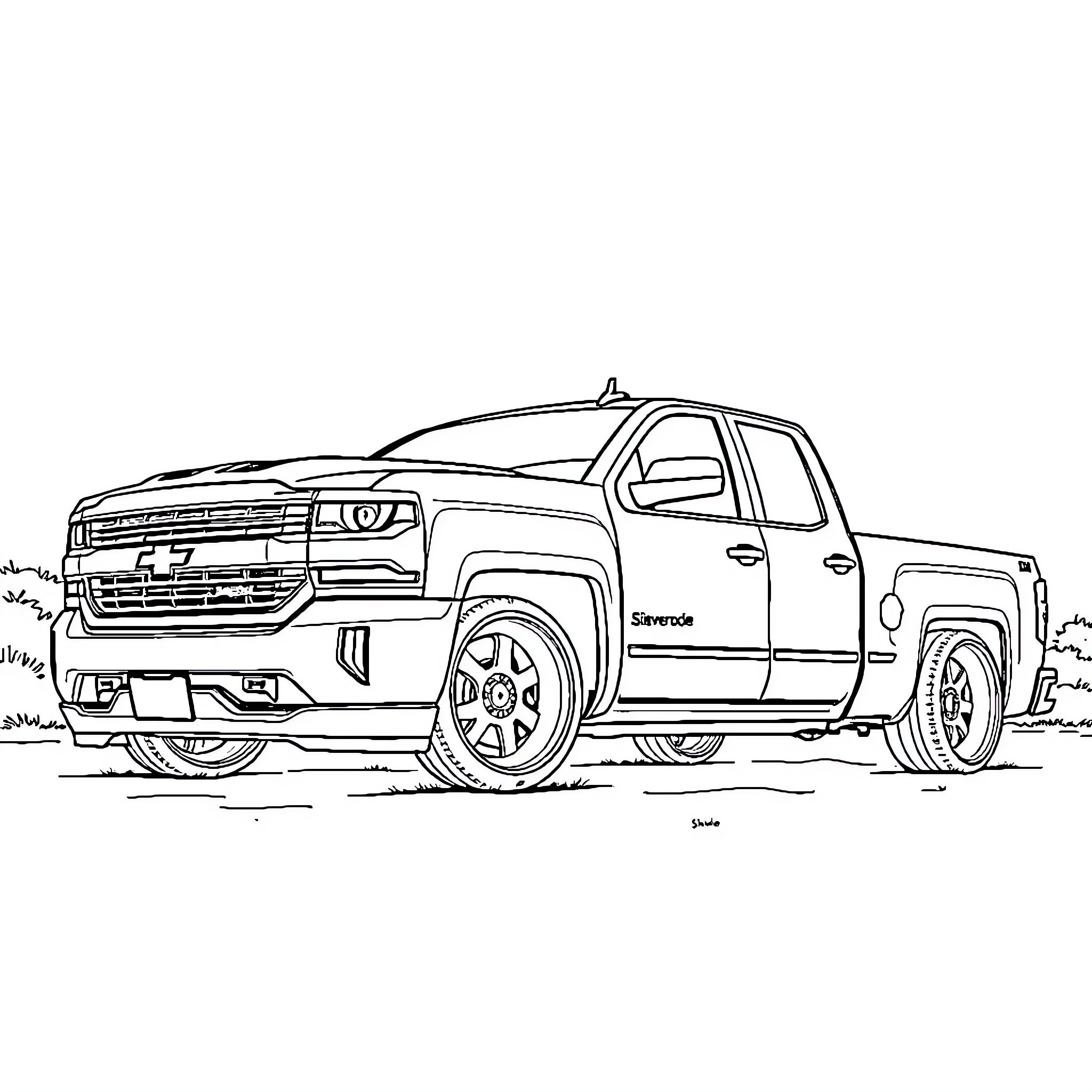 Silverado Pickup Truck on Rugged Terrain Coloring Page (free black-and-white line drawing printable PDF for all, from beginners to advanced learners, including children, teens, adults, and seniors)