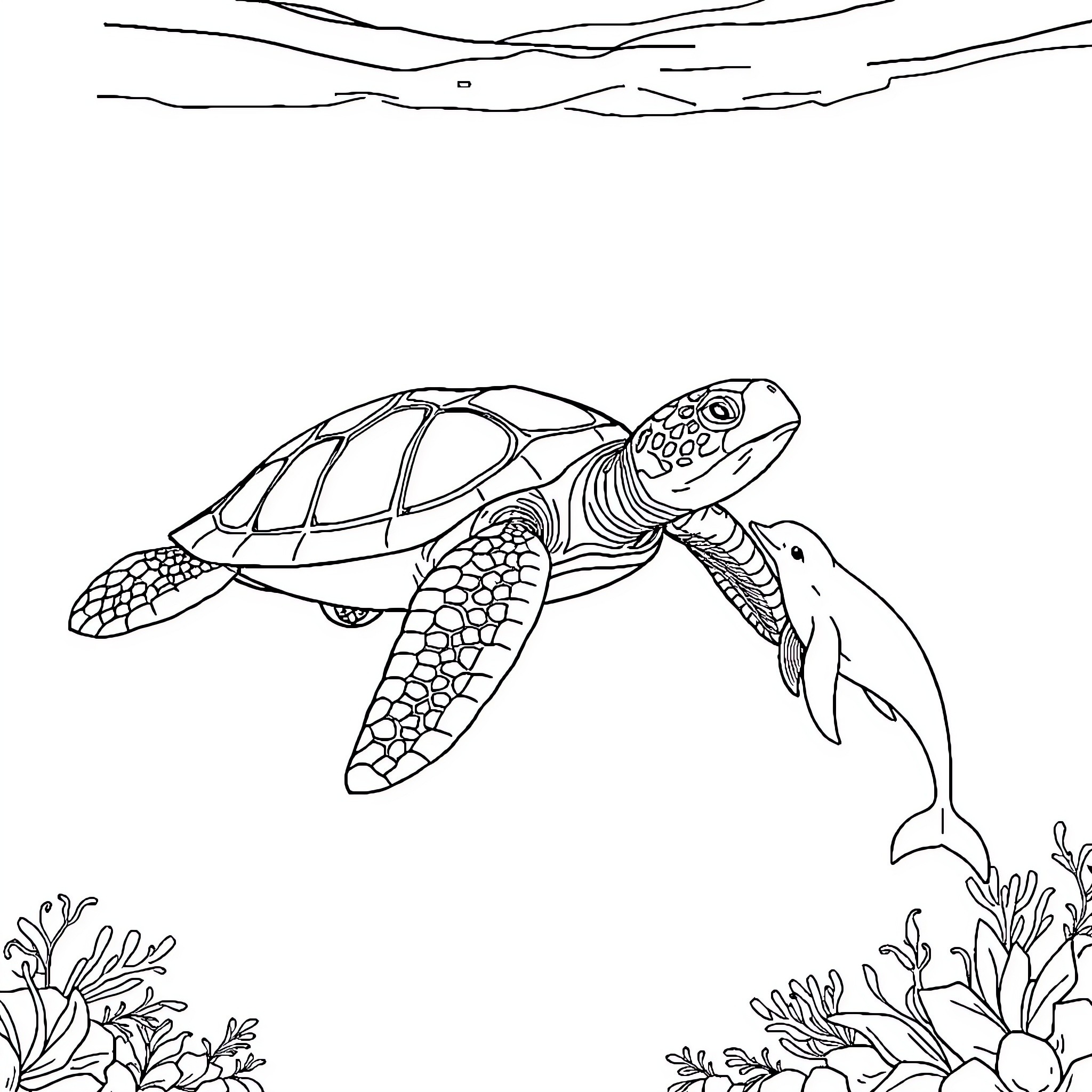 Turtle swimming with dolphin in the ocean Coloring Page (free black-and-white line drawing printable PDF for all, from beginners to advanced learners, including children, teens, adults, and seniors)