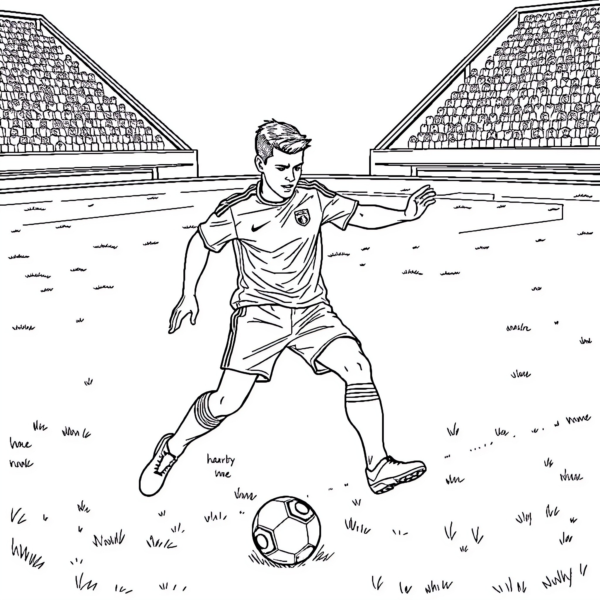 Pim Haaland playing soccer on the field Coloring Page (free black-and-white line drawing printable PDF for all, from beginners to advanced learners, including children, teens, adults, and seniors)
