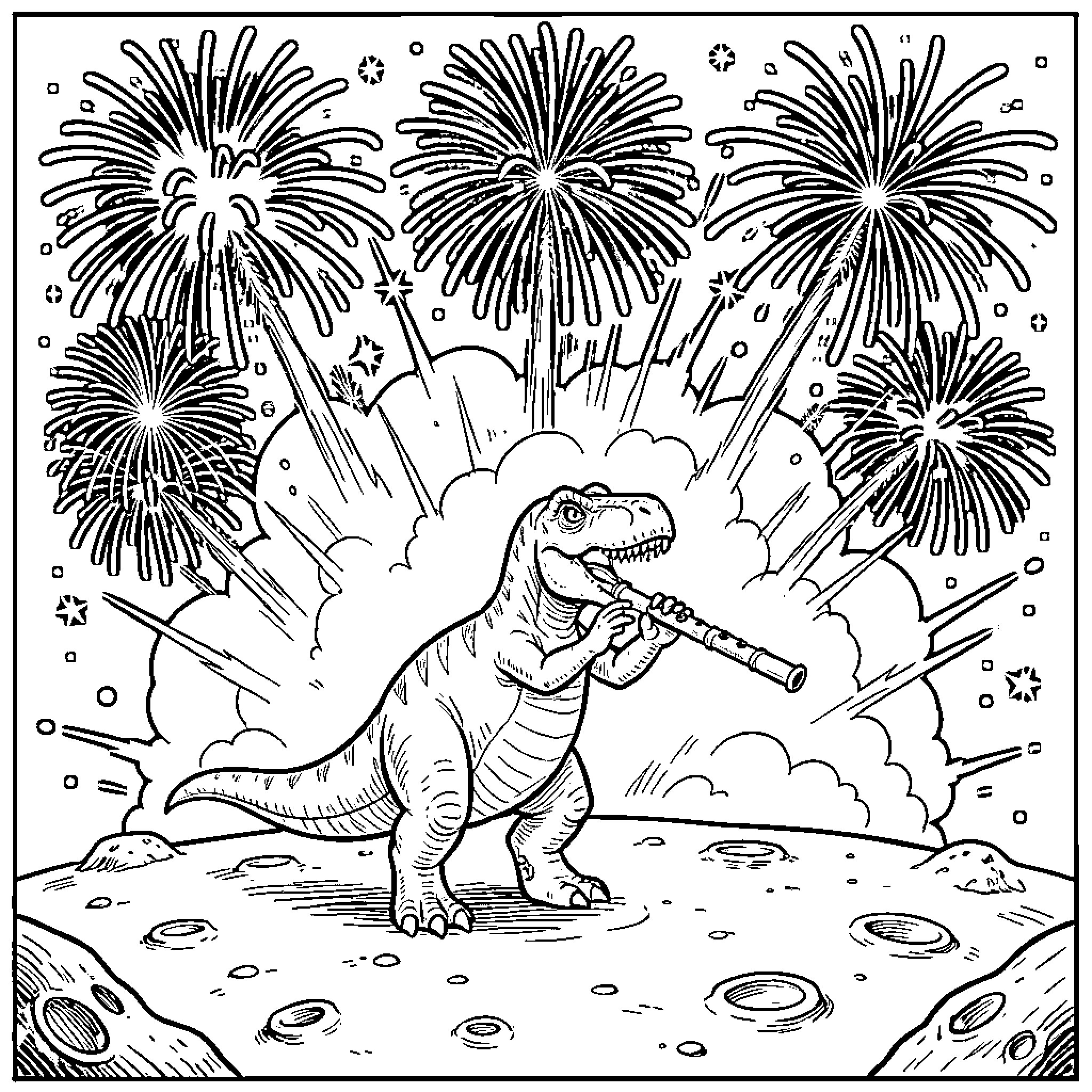 Dinosaur playing a flute amidst exploding fireworks Coloring Page (free black-and-white line drawing printable PDF for all, from beginners to advanced learners, including children, teens, adults, and seniors)
