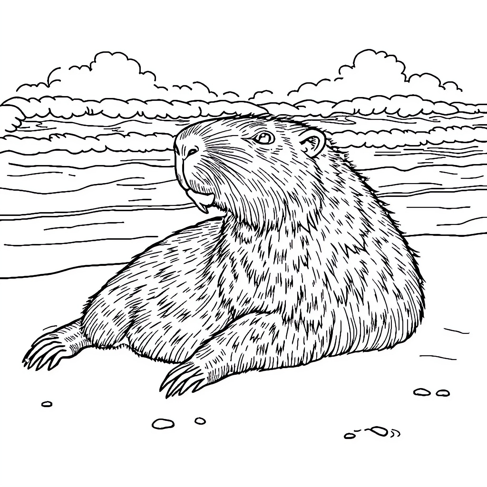Capybara relaxing on the beach Coloring Page (free black-and-white line drawing printable PDF for all, from beginners to advanced learners, including children, teens, adults, and seniors)