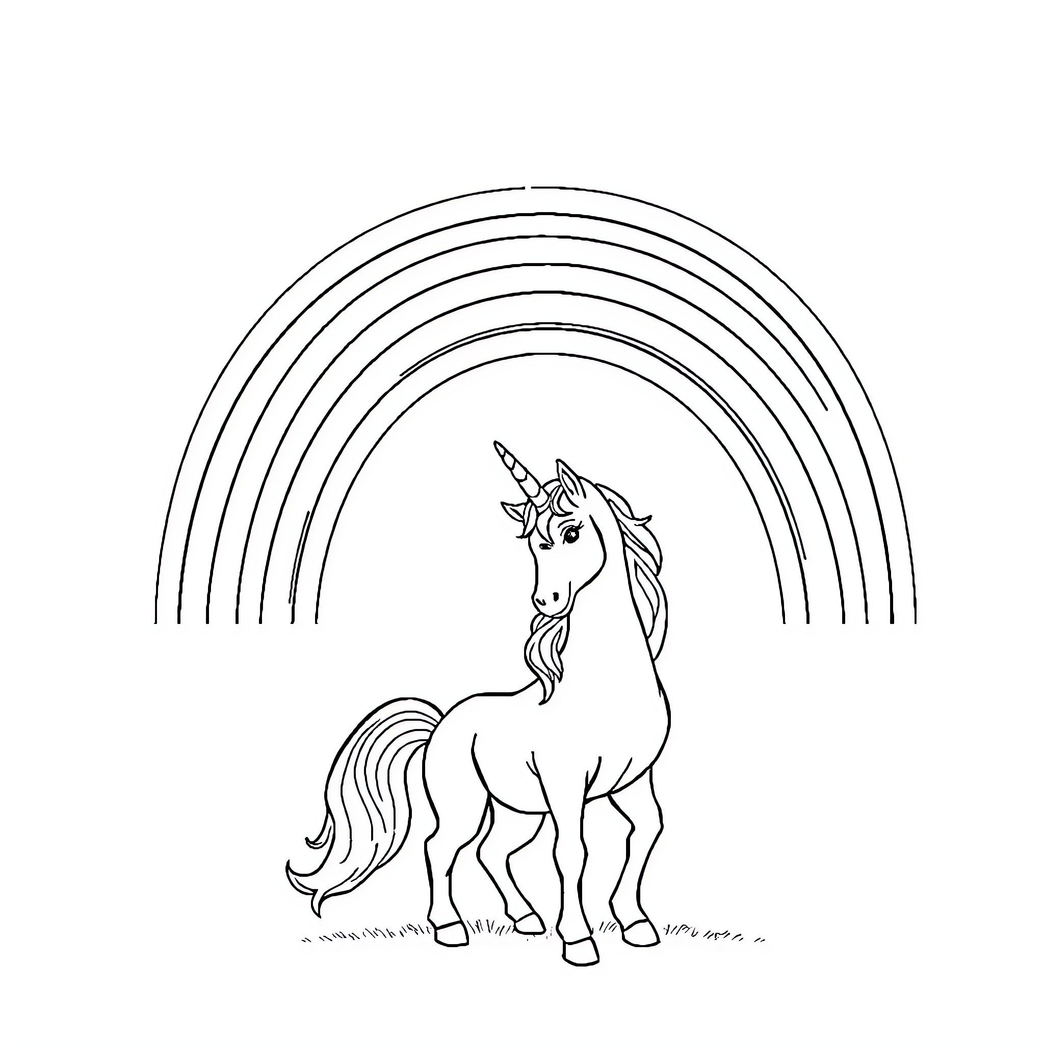Unicorn standing amidst vibrant rainbow Coloring Page (free black-and-white line drawing printable PDF for all, from beginners to advanced learners, including children, teens, adults, and seniors)