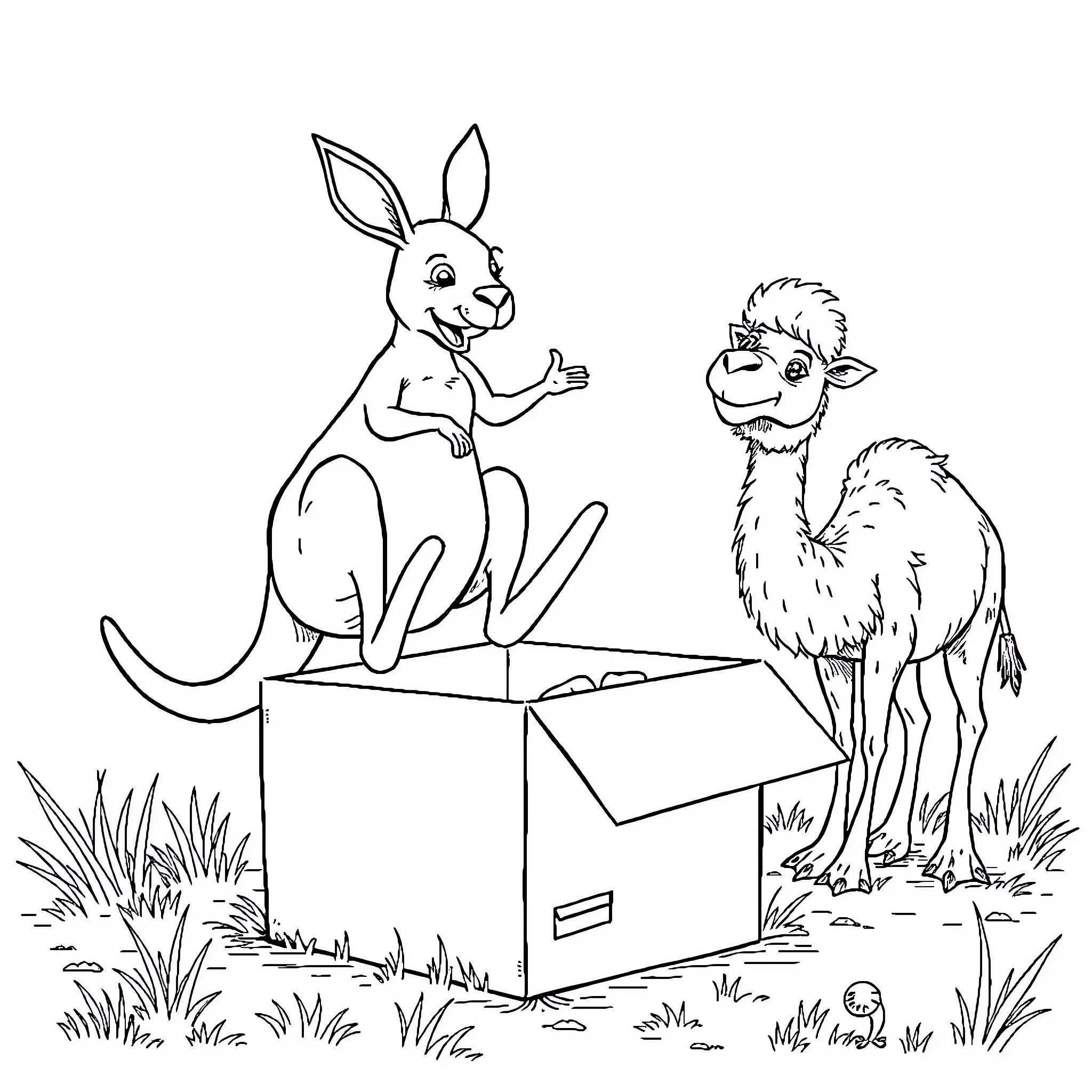 Kangaroo and Llama Exploring a Box in the Grass Coloring Page (free black-and-white line drawing printable PDF for all, from beginners to advanced learners, including children, teens, adults, and seniors)