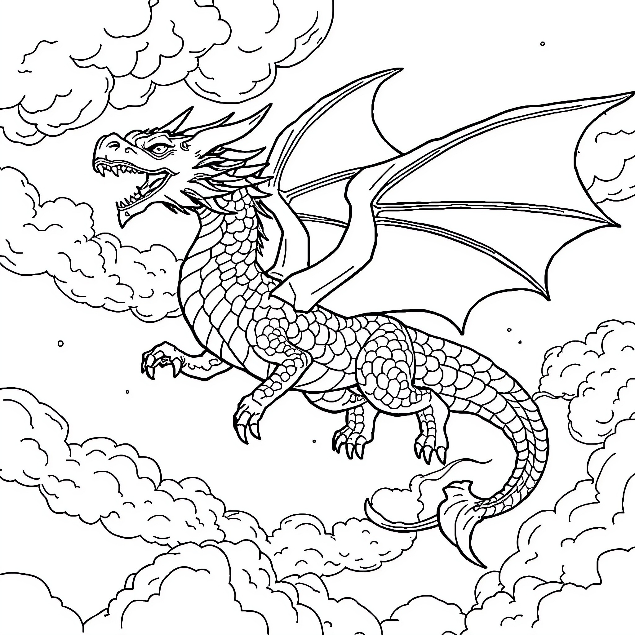 Dragon breathing fire amidst cloudy skies Coloring Page (free black-and-white line drawing printable PDF for all, from beginners to advanced learners, including children, teens, adults, and seniors)