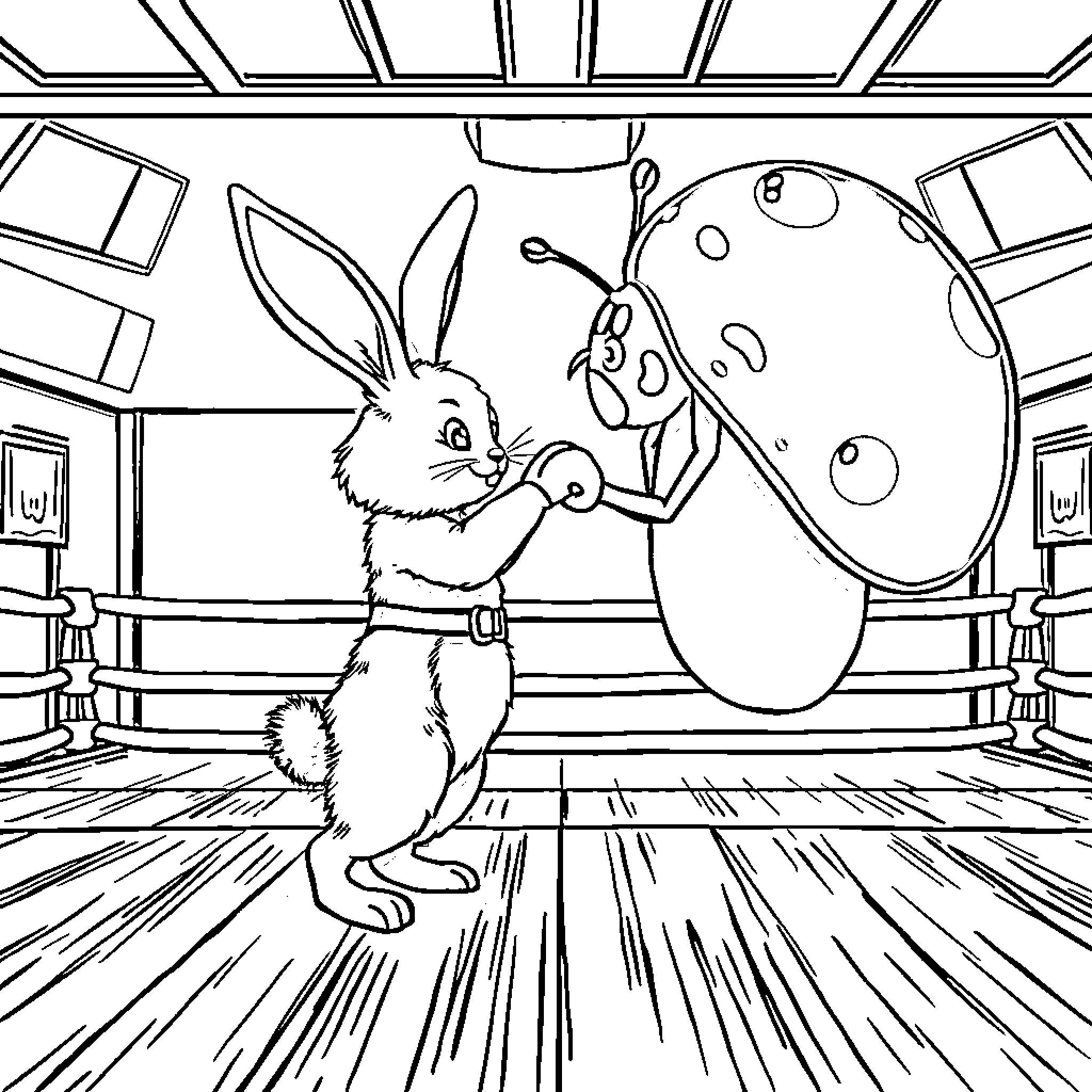Rabbit Artist Painting in Creative Studio Coloring Page (free black-and-white line drawing printable PDF for all, from beginners to advanced learners, including children, teens, adults, and seniors)