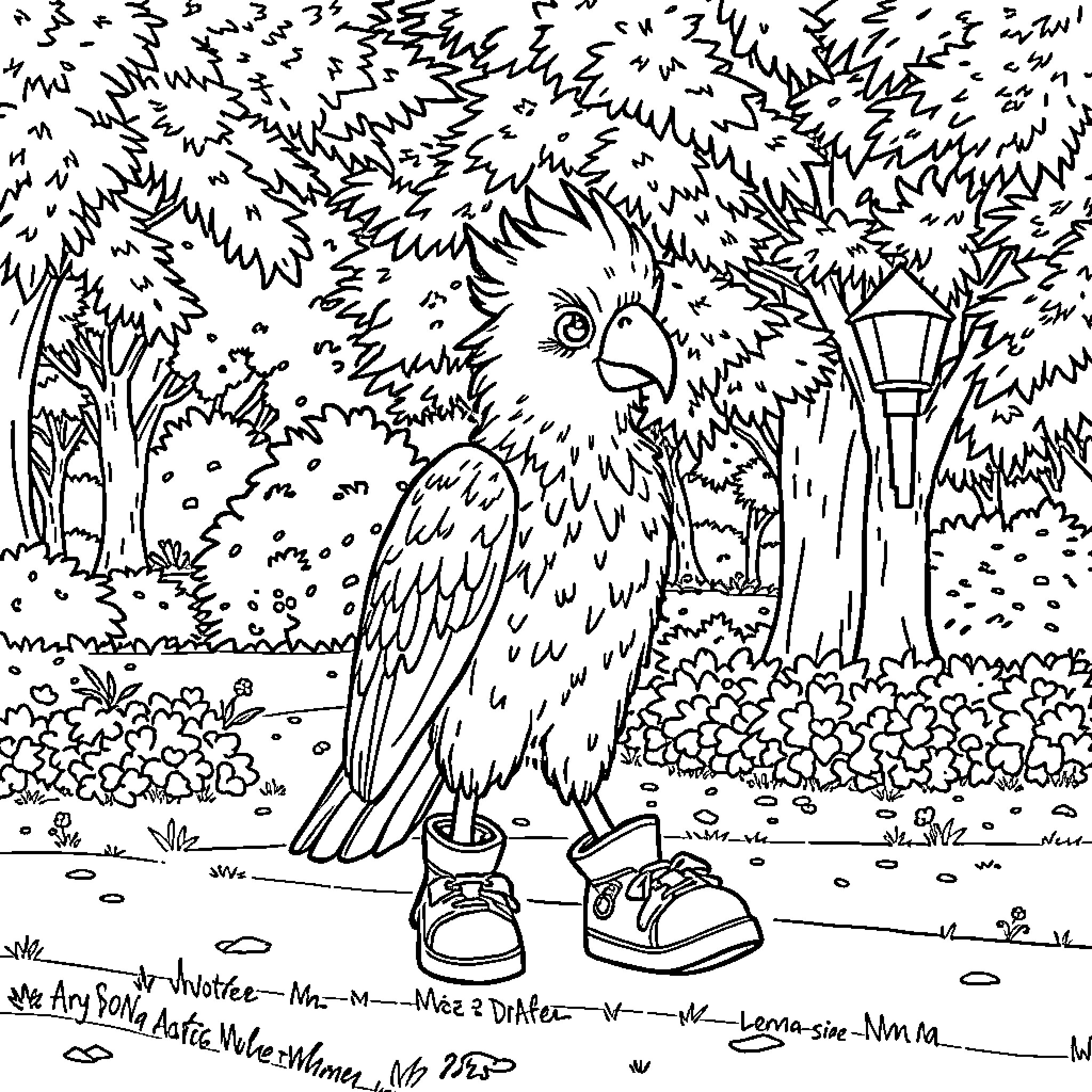Boots Cat in a Garden Scene Coloring Page (free black-and-white line drawing printable PDF for all, from beginners to advanced learners, including children, teens, adults, and seniors)