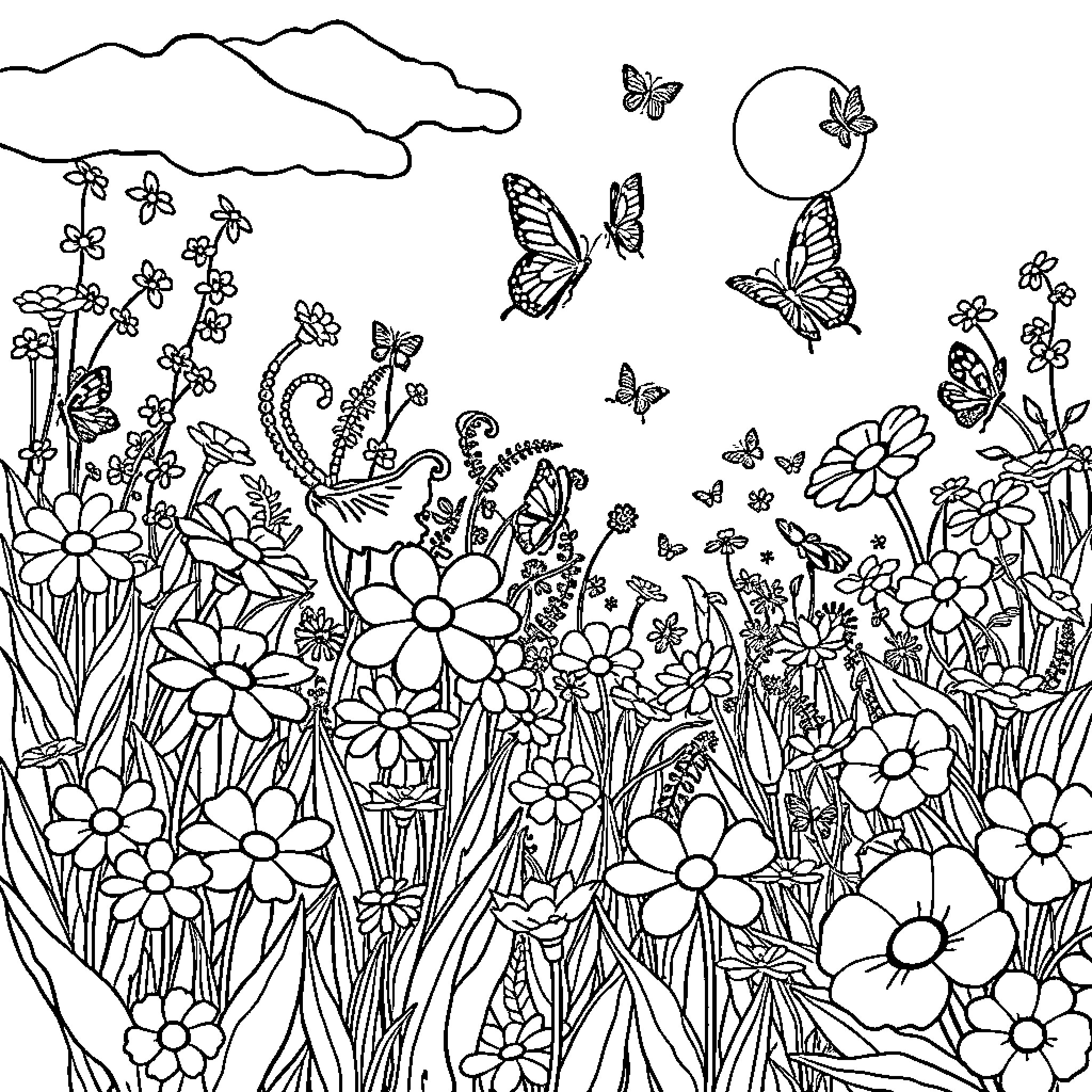 Butterfly Meadow with Blooming Flowers and Fluttering Butterflies Coloring Page (free black-and-white line drawing printable PDF for all, from beginners to advanced learners, including children, teens, adults, and seniors)