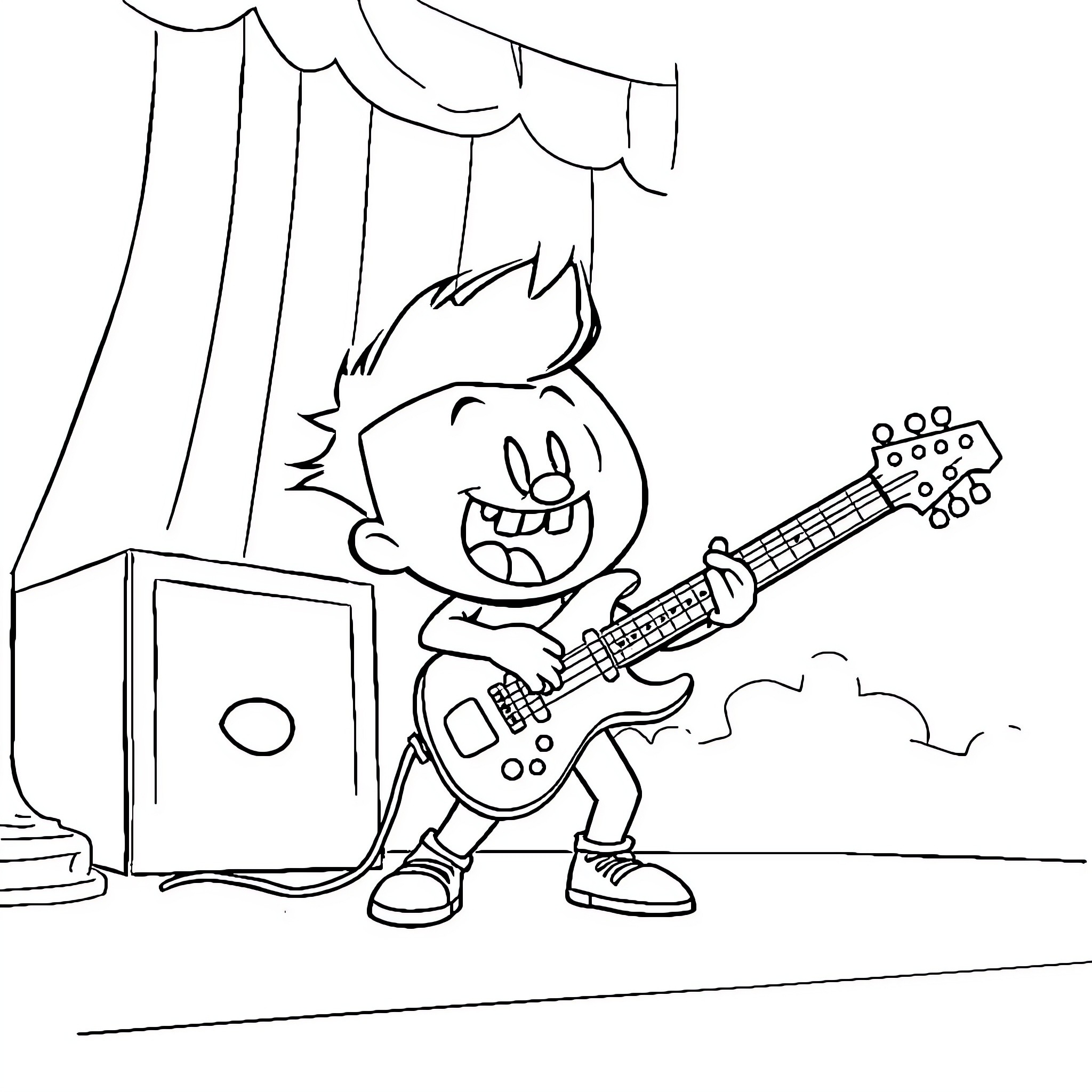 Gumball playing guitar on stage Coloring Page (free black-and-white line drawing printable PDF for all, from beginners to advanced learners, including children, teens, adults, and seniors)