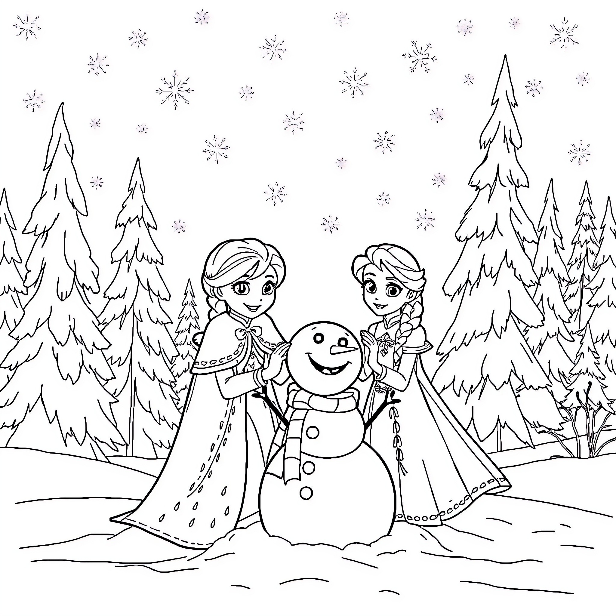 Anna and Elsa enjoying a winter wonderland with Olaf Coloring Page (free black-and-white line drawing printable PDF for all, from beginners to advanced learners, including children, teens, adults, and seniors)
